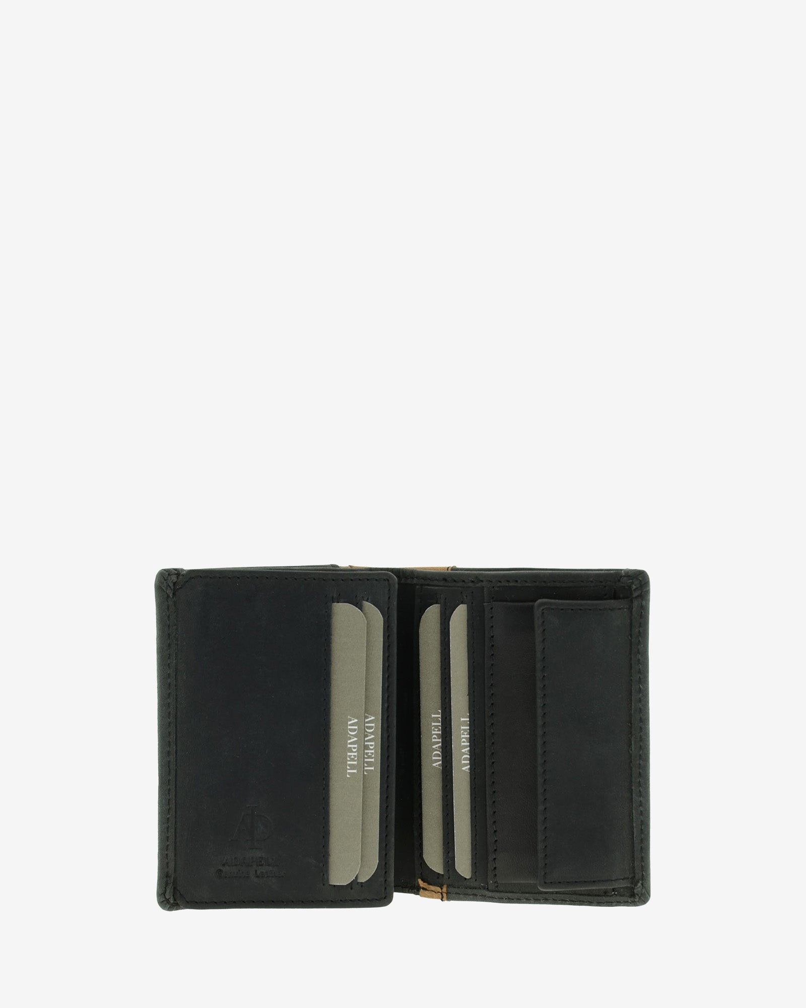 Cartera de piel negra abierta con ranuras para tarjetas y monedero interior, ref. 1641-1