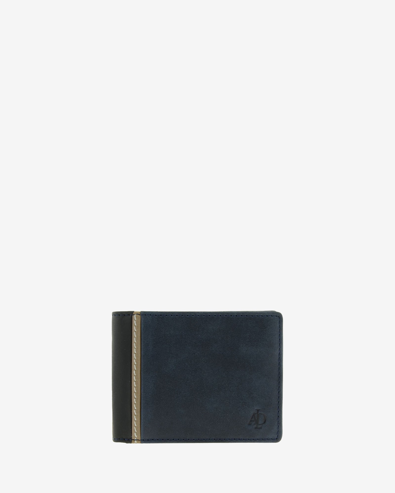 Cartera de piel Oxford marino apaisada con pieza lateral negra en contraste, vista frontal, ref. 1643-20