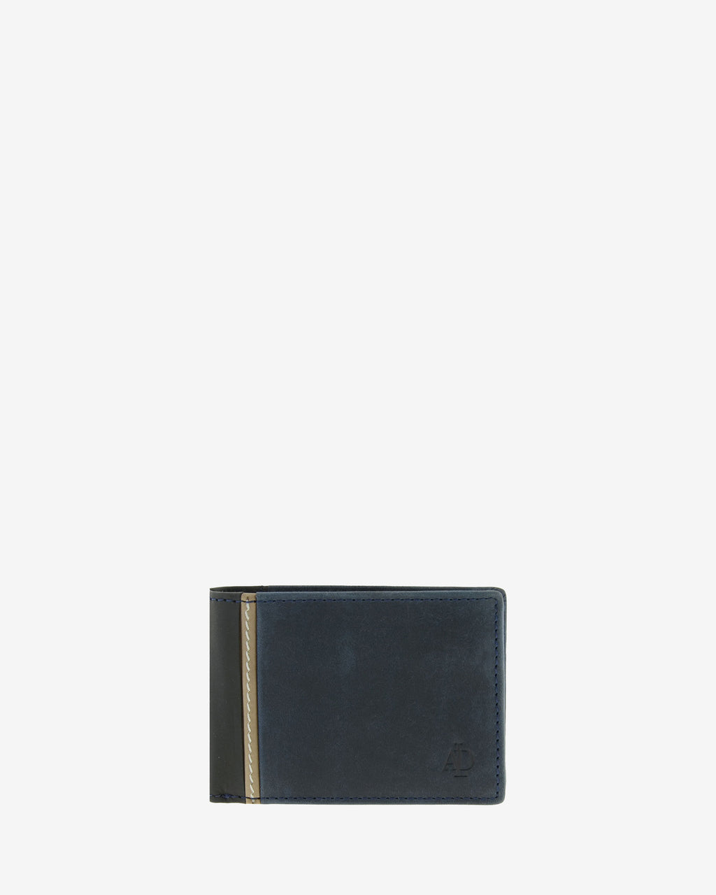 Cartera compacta de piel Oxford marino con pieza lateral negra en contraste, vista frontal, ref. 1644-20
