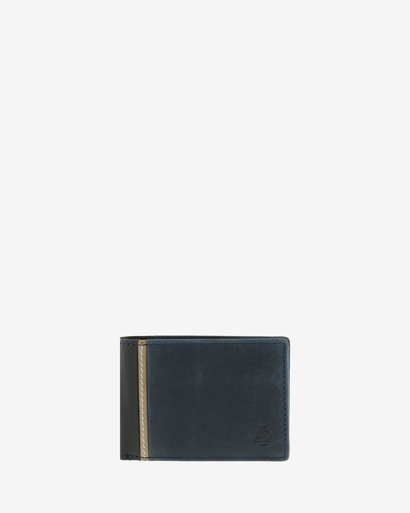 Cartera compacta de piel Oxford marino con pieza lateral negra en contraste, vista frontal, ref. 1644-20