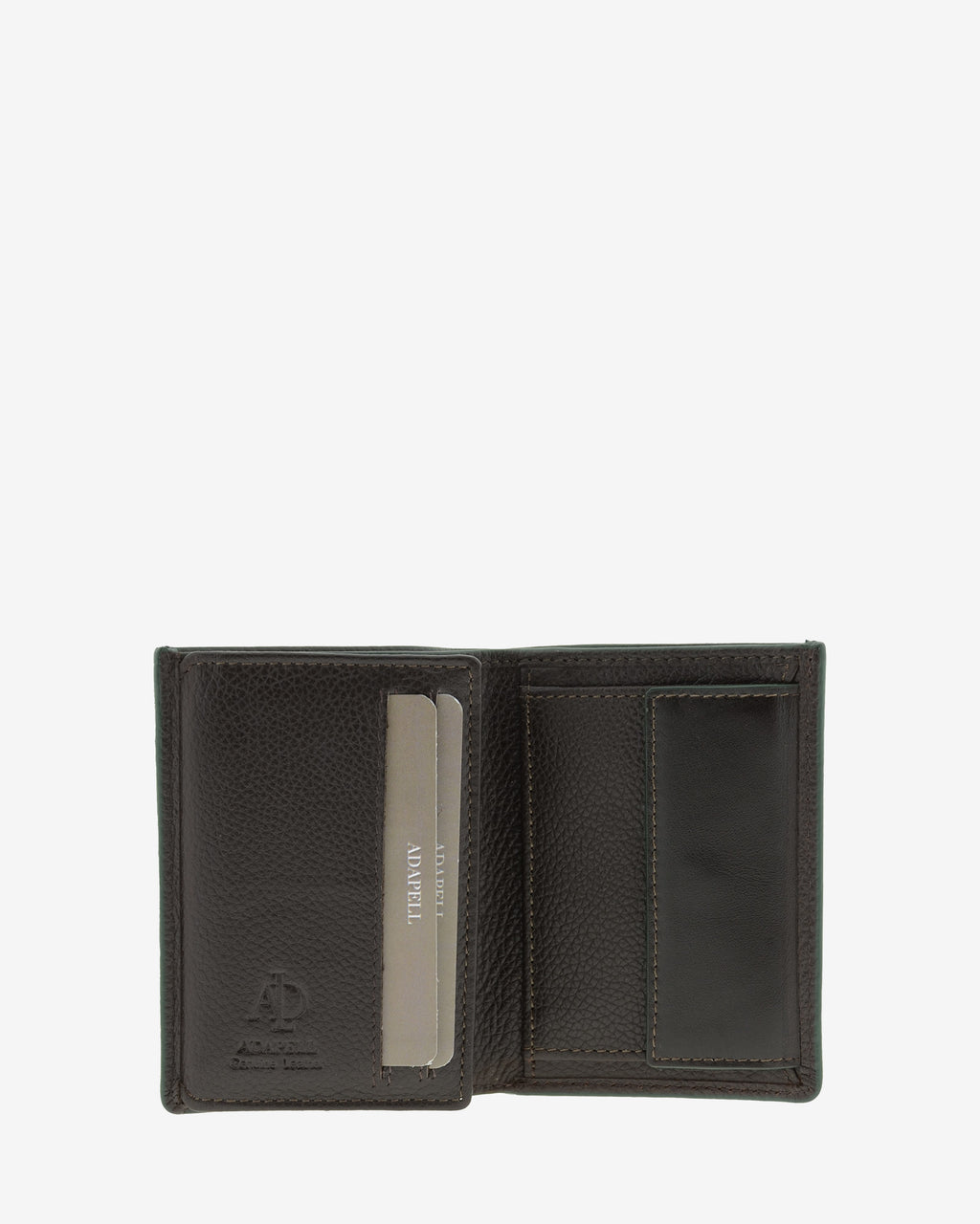 Cartera de piel marron abierta con ranuras para tarjetas y compartimentos interiores con monedero, ref. 1664