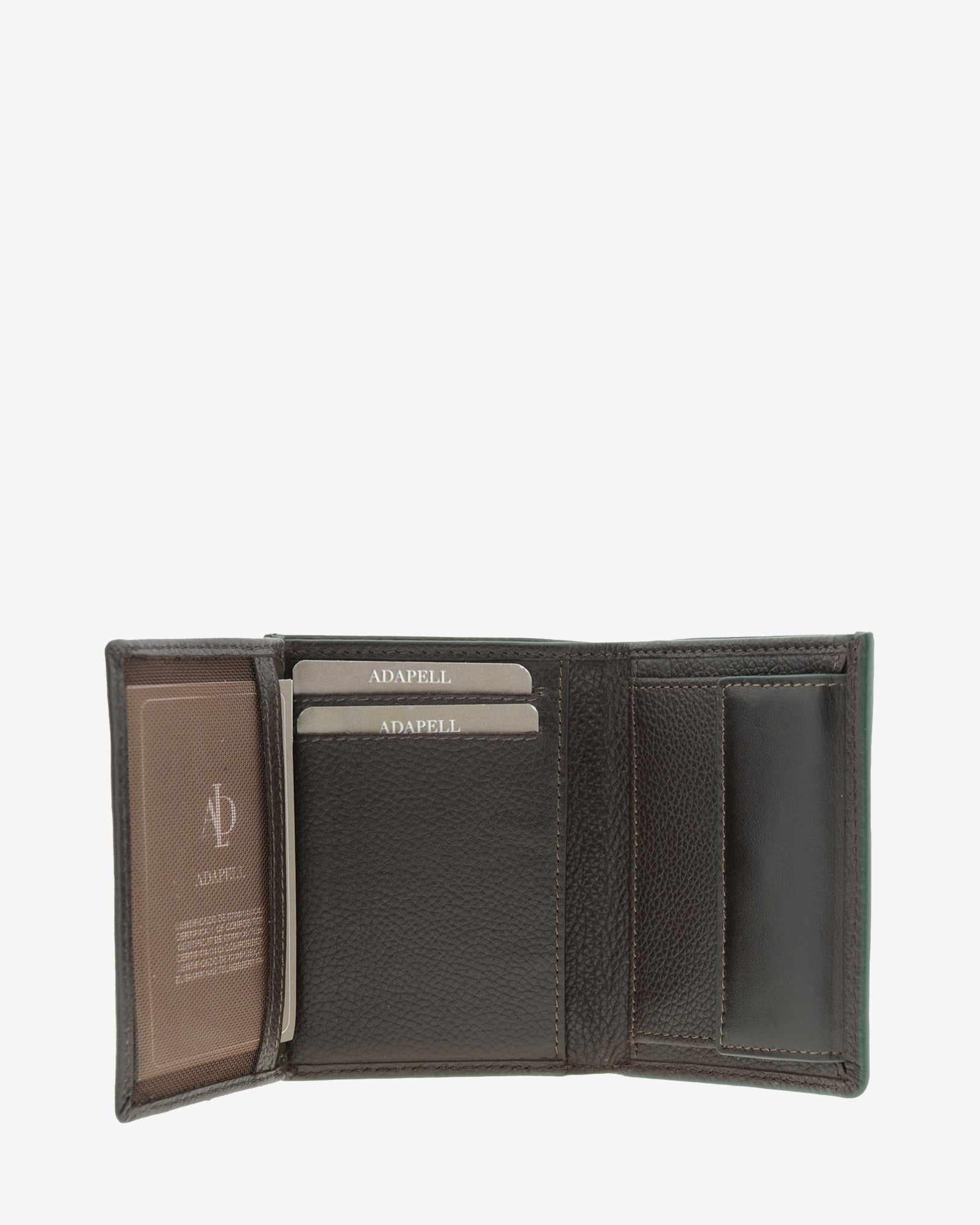 Cartera de piel marron abierta con ventana interior, ranuras para tarjetas y compartimentos, ref. 1664-2