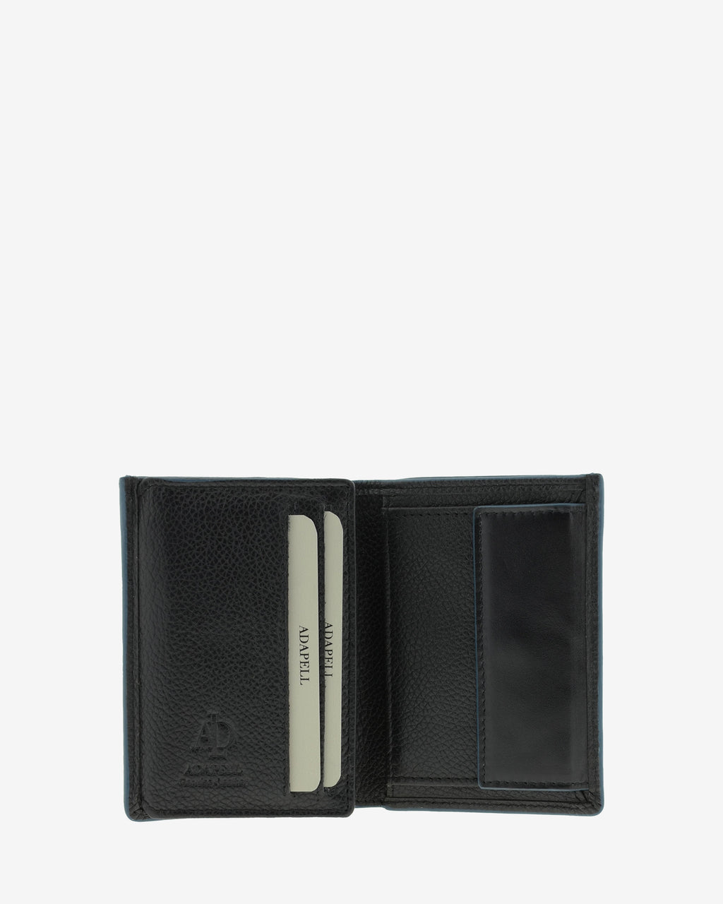 Cartera de piel negra abierta con ranuras para tarjetas, monedero interior  y compartimentos interiores, ref. 1664-1