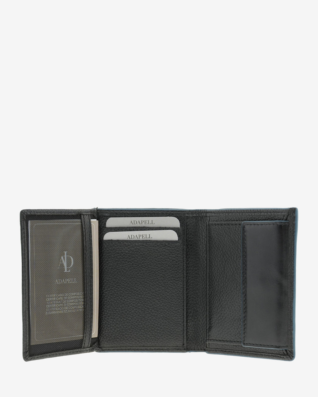Cartera de piel negra abierta con ventana interior, ranuras para tarjetas y compartimentos, ref. 1664-1