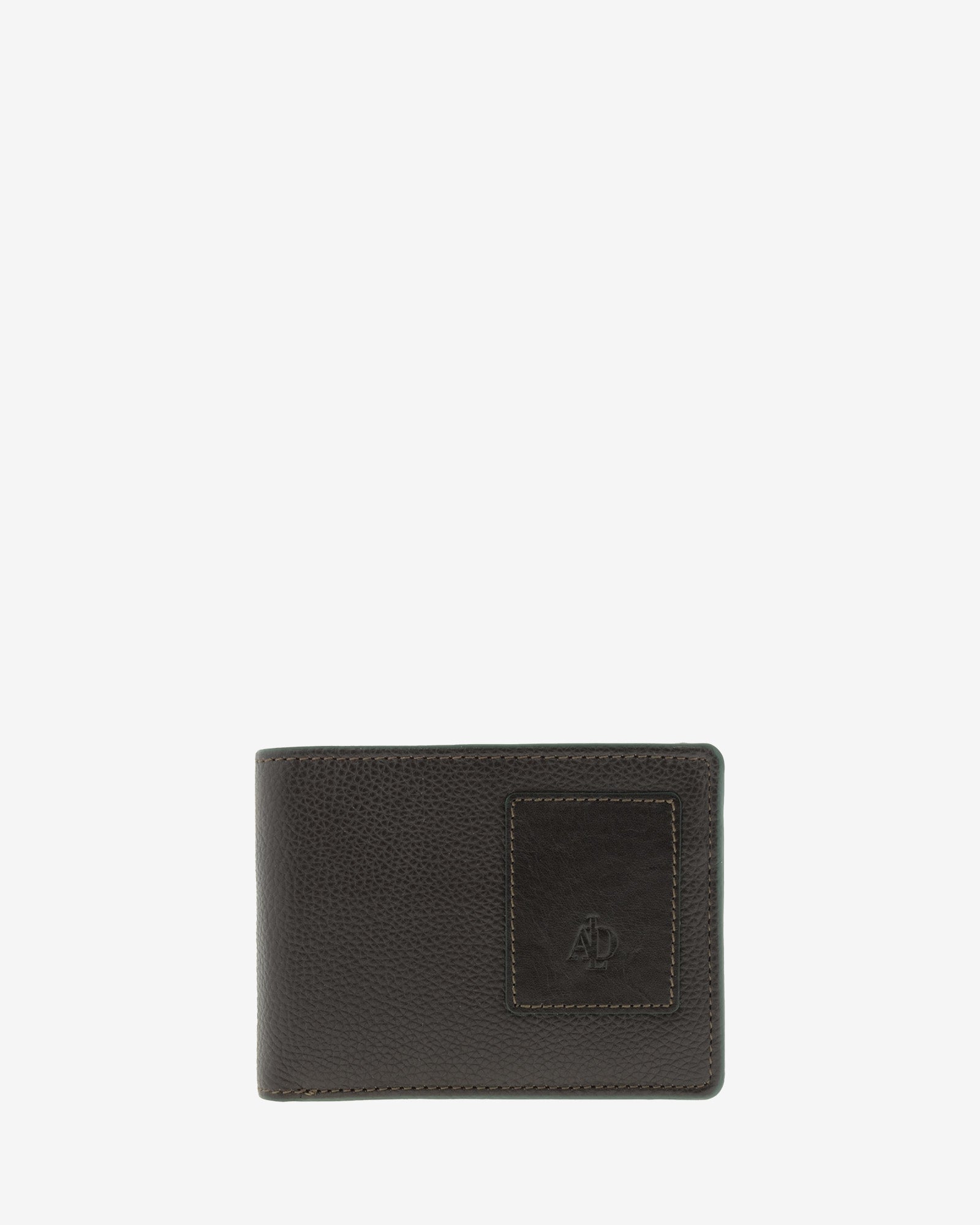 Cartera de piel marron con RFID, monedero y ranuras ocultas para tarjetas cerrada, vista frontal, ref. 1663-2
