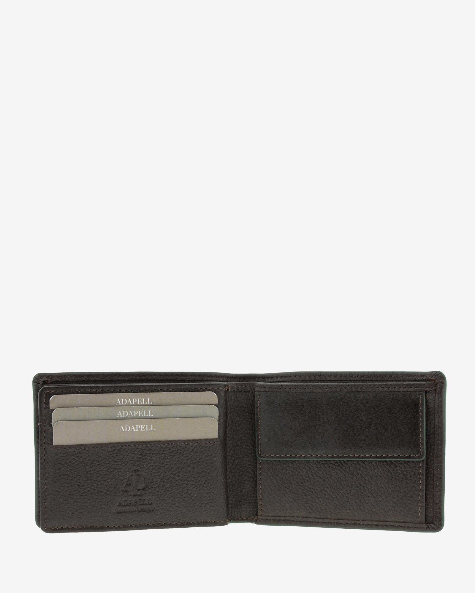 Cartera de piel marron abierta con ranuras para tarjetas, monedero interior y compartimento para billetes, ref. 1663-2