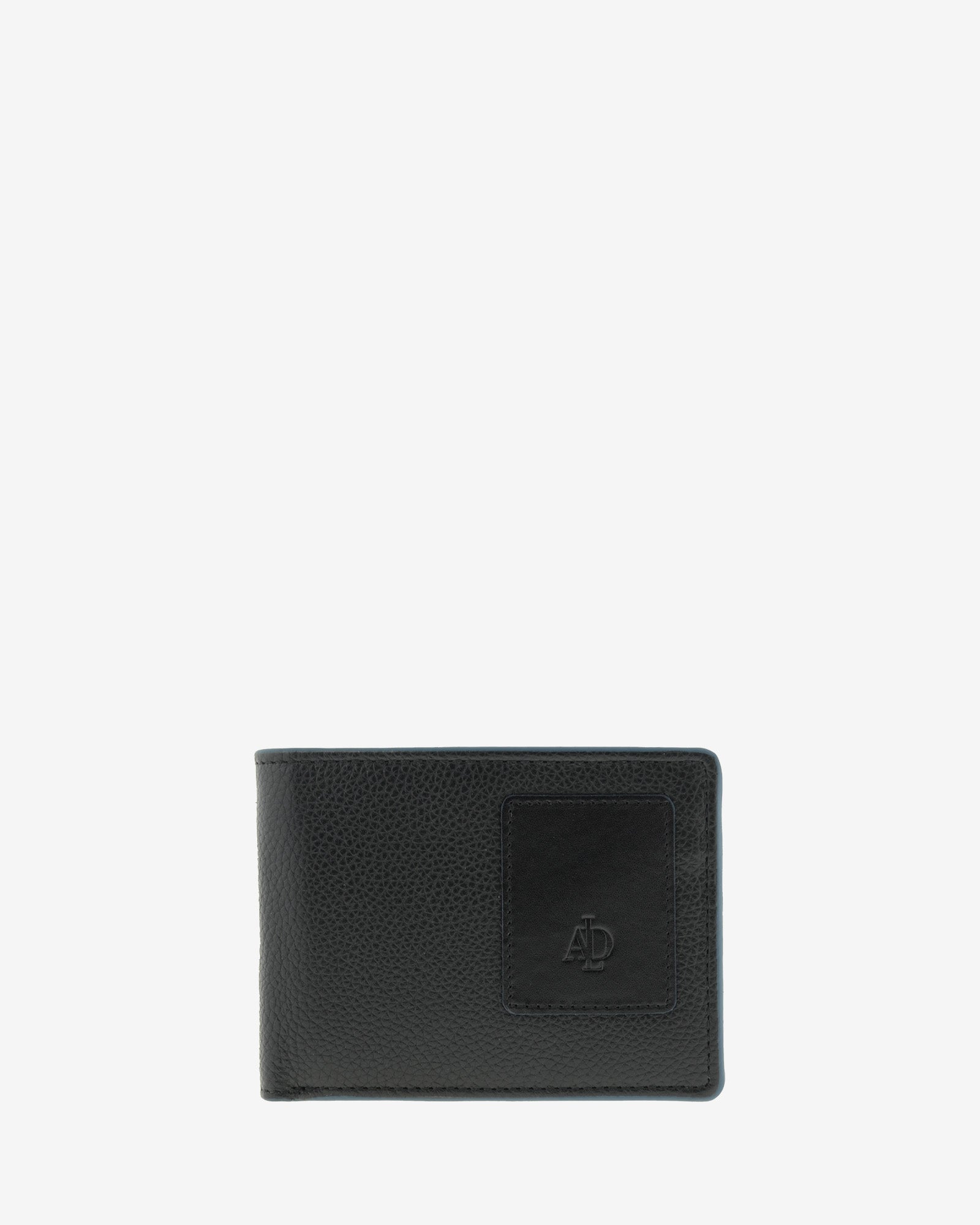 Cartera de piel negra con RFID, monedero y ranuras ocultas para tarjetas cerrada, vista frontal, ref. 1663-1
