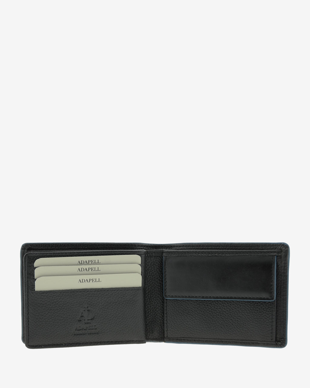 Cartera de piel negra abierta con ranuras para tarjetas, monedero interior y compartimento para billetes, ref. 1663