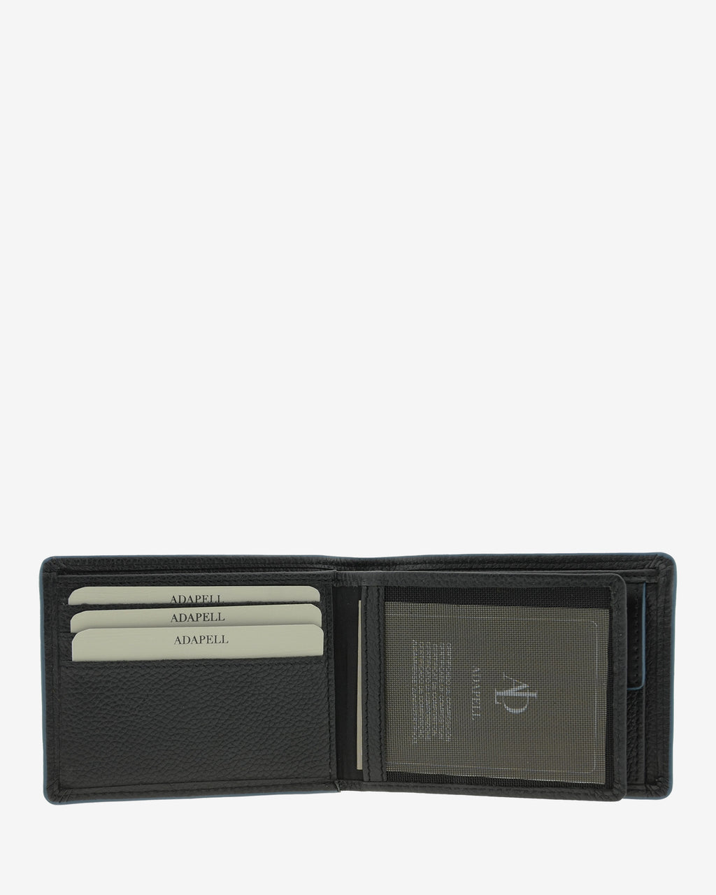 Cartera de piel negra abierta con ranuras para tarjetas, ventana interior y espacio para documentos, ref. 1663
