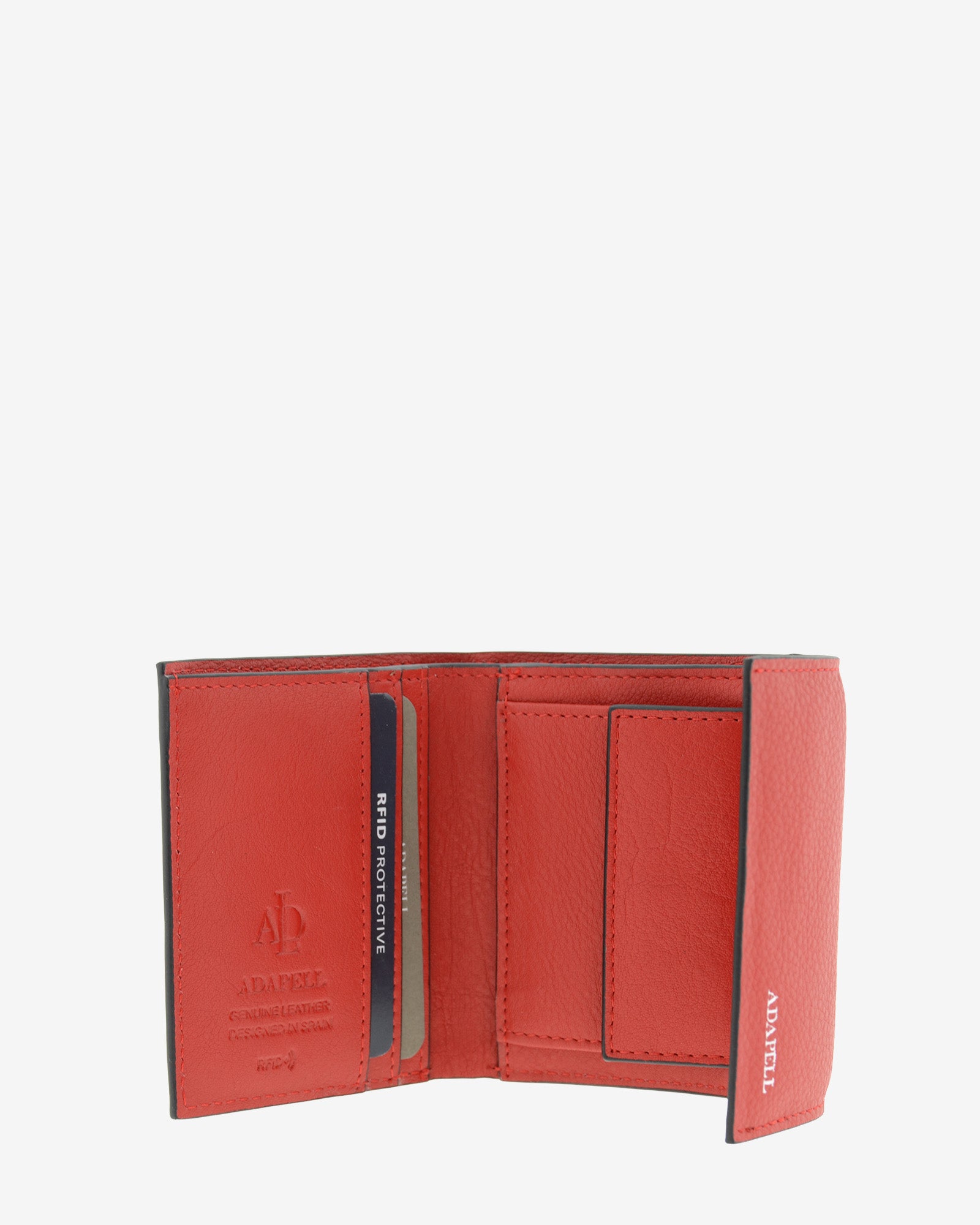 Cartera de piel auténtica ref. 8080-3 en color rojo y ribete negro, de medida pequeña y compacta, con protección de tarjetas RFID de la colección Essenza, vista interior con compartimentos y monedero