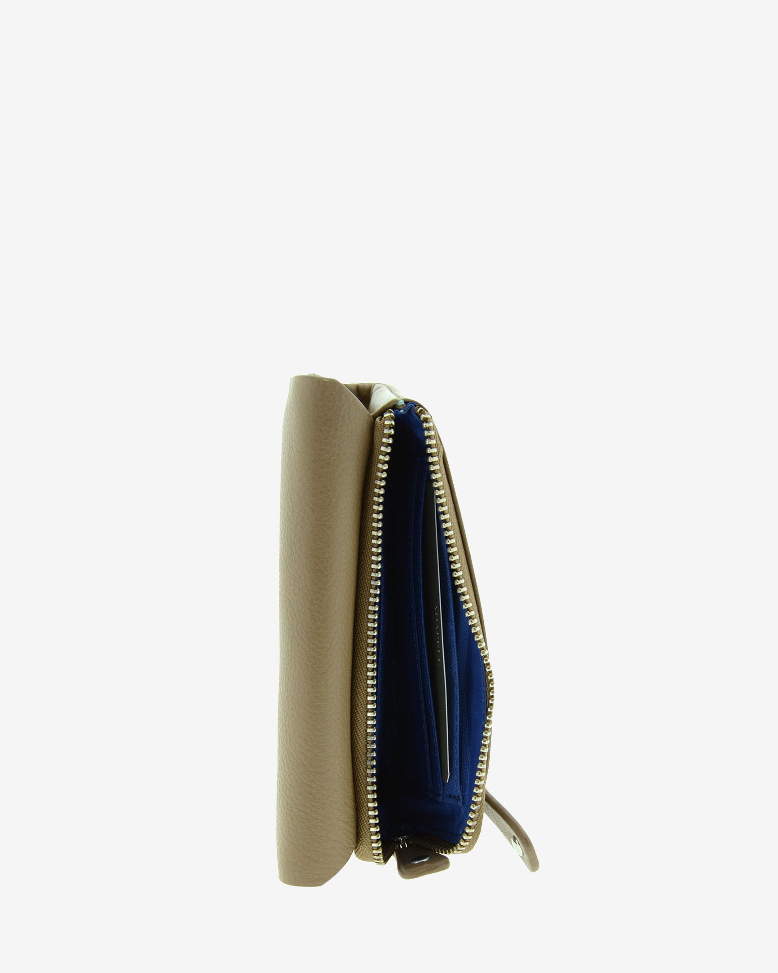 Cartera en piel napa topo con compartimento con cremallera abierto, vista lateral, 4226-12