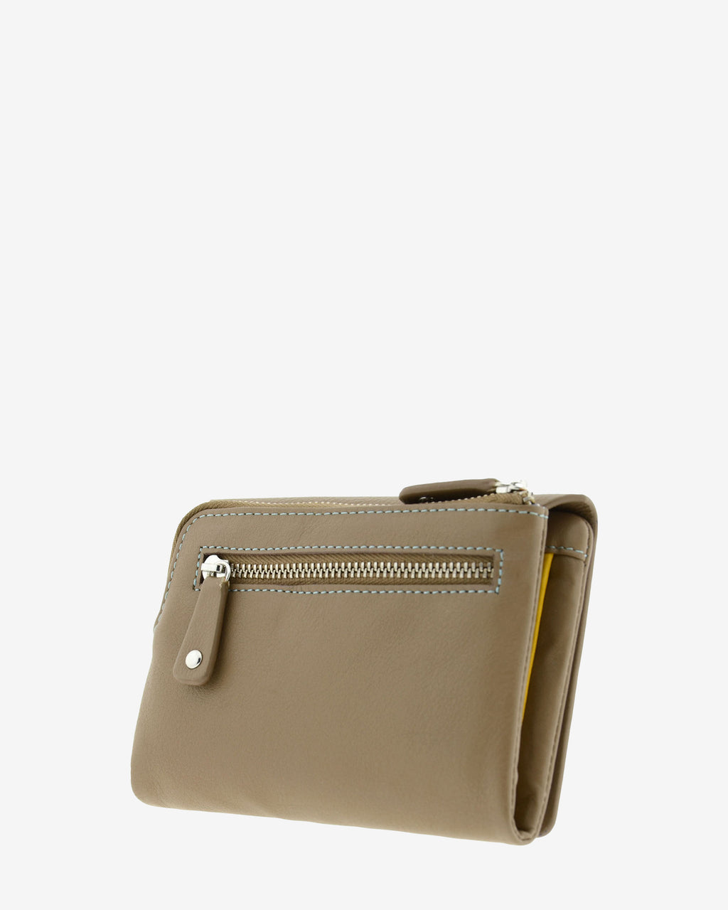 Cartera en piel napa topo con monedero exterior con cremallera, vista tres cuartos  trasera, 4226-12