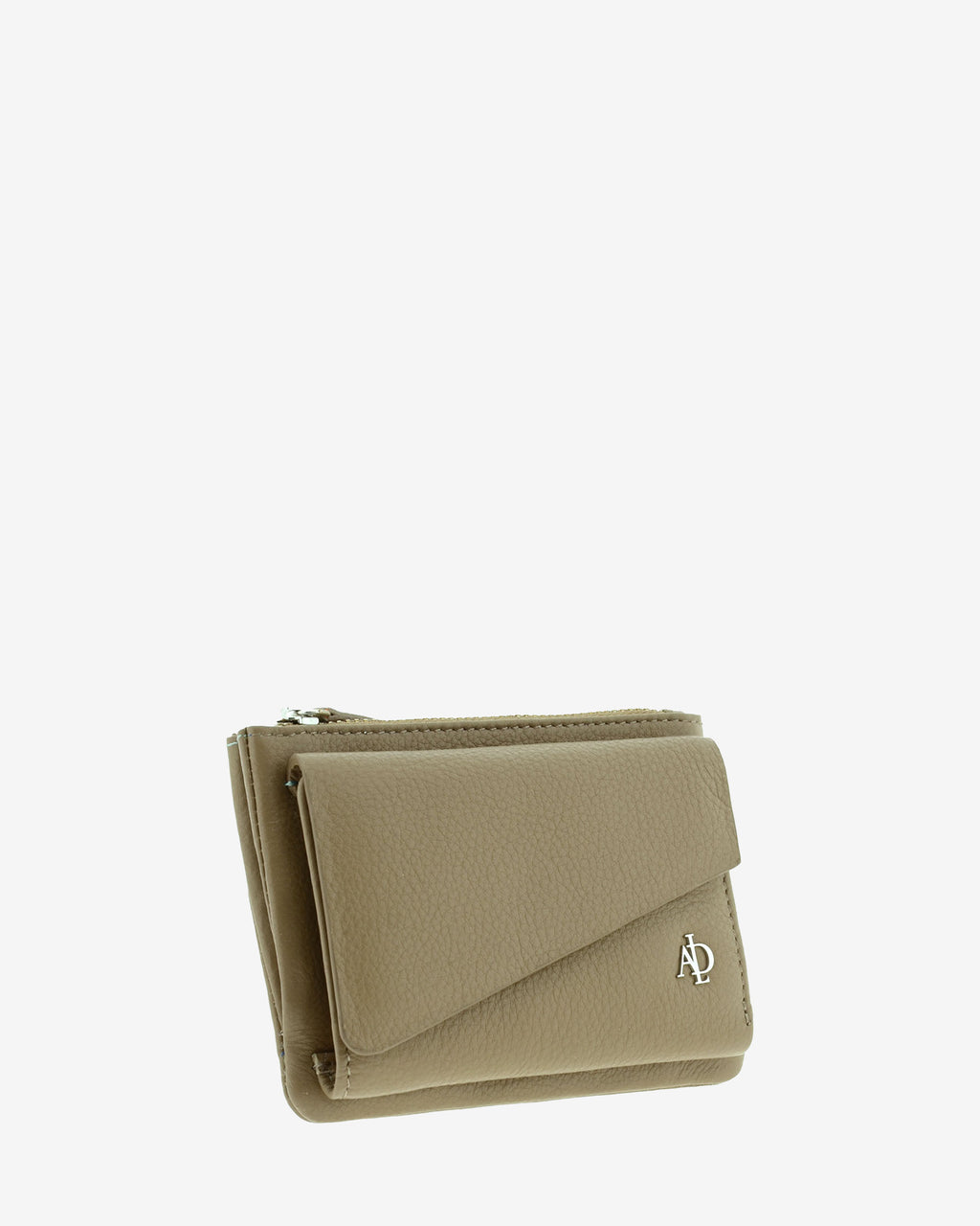 Cartera de mujer Adapell en piel napa topo con solapa asimétrica, vista tres cuartos, 4227-12