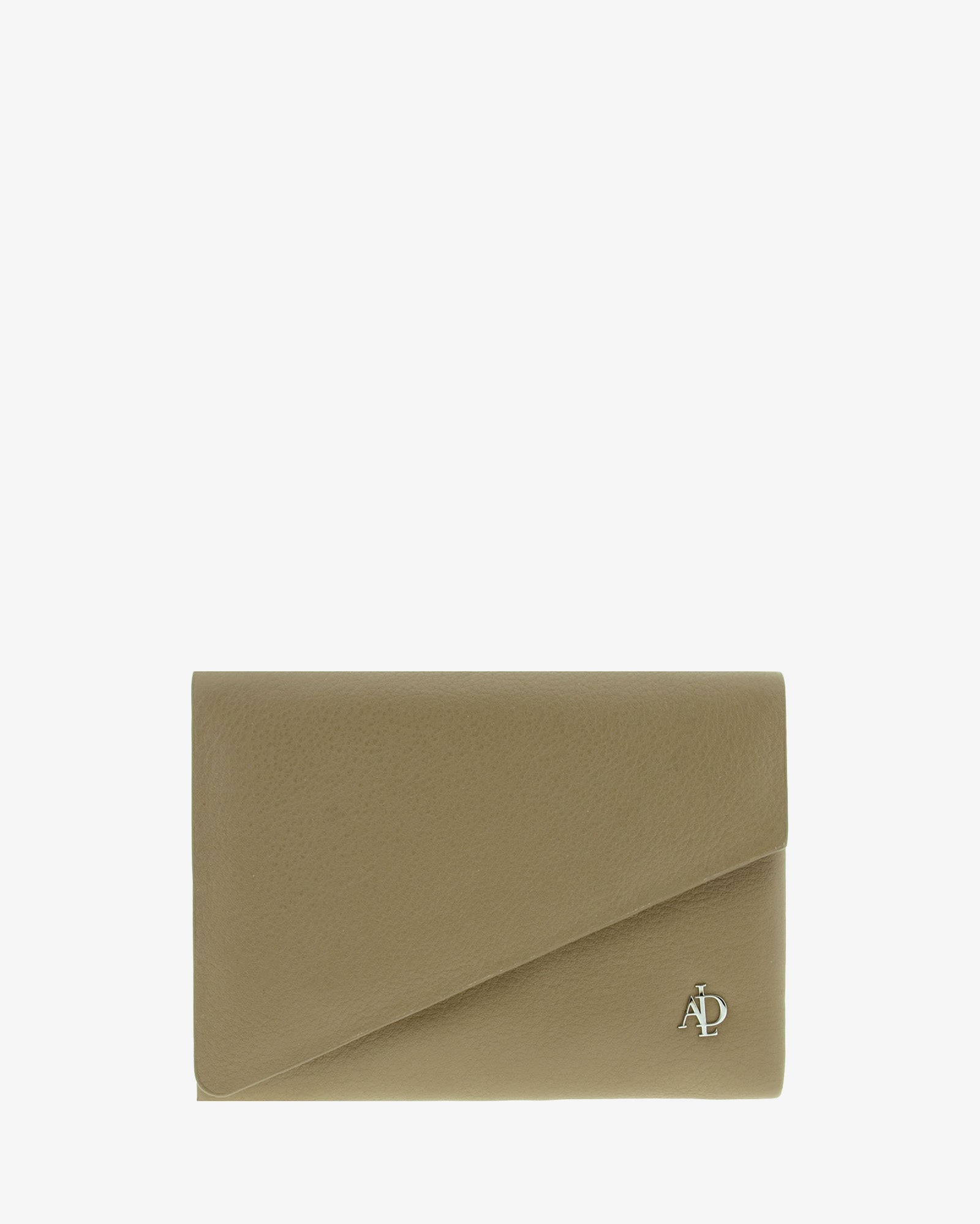 Cartera en piel napa topo con solapa asimétrica, vista frontal, 4226-12