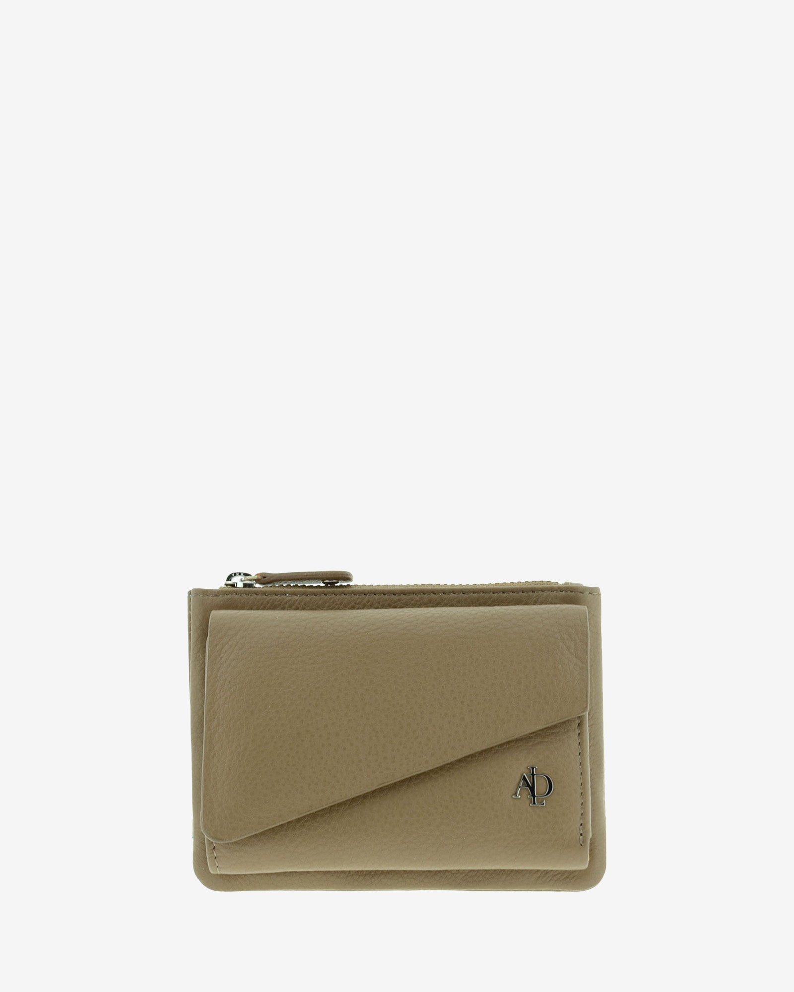 Cartera en piel napa topo con solapa asimétrica, vista frontal, 4227-12