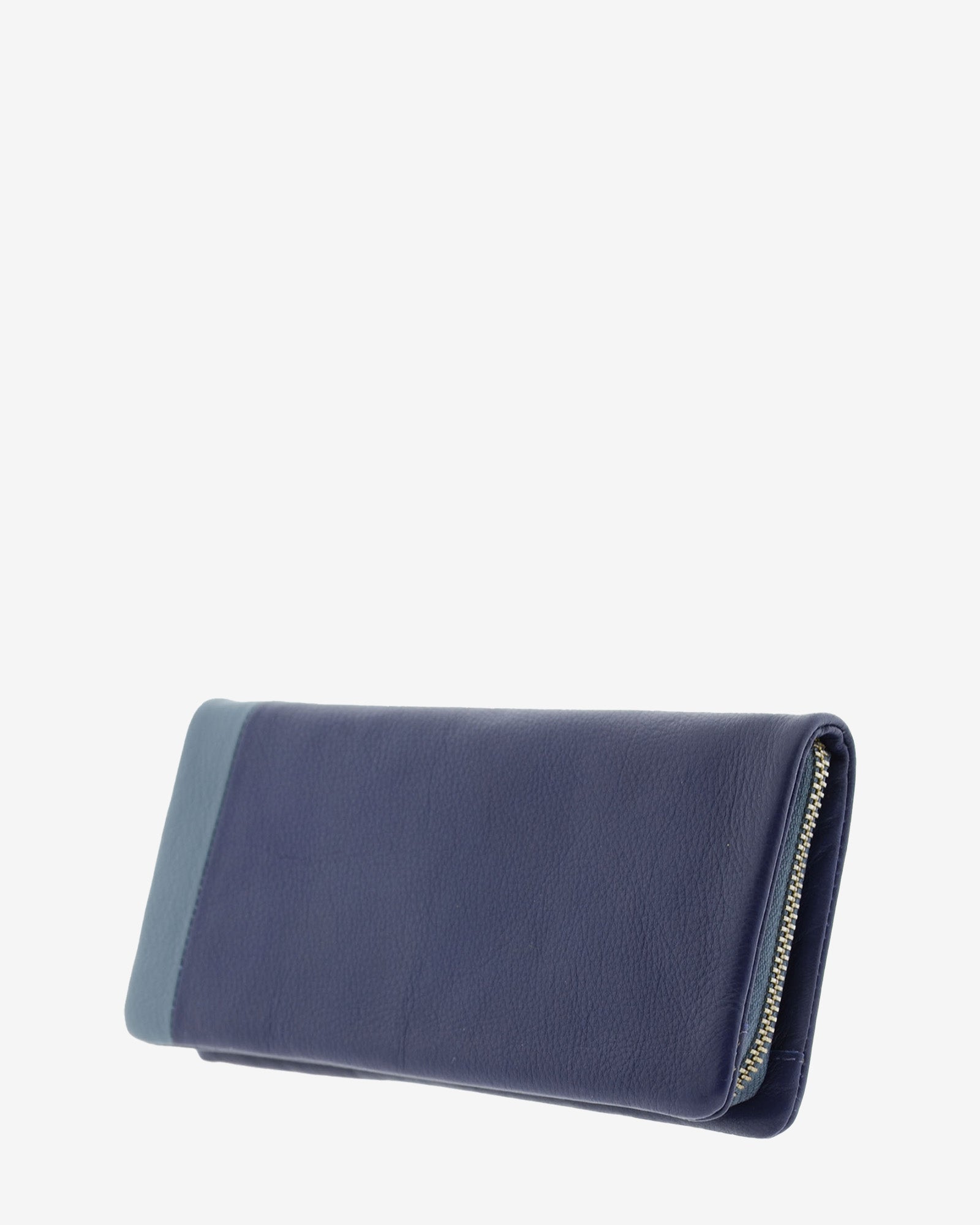 Cartera de piel napa azul bicolor, vista trasera tres cuartos 4211