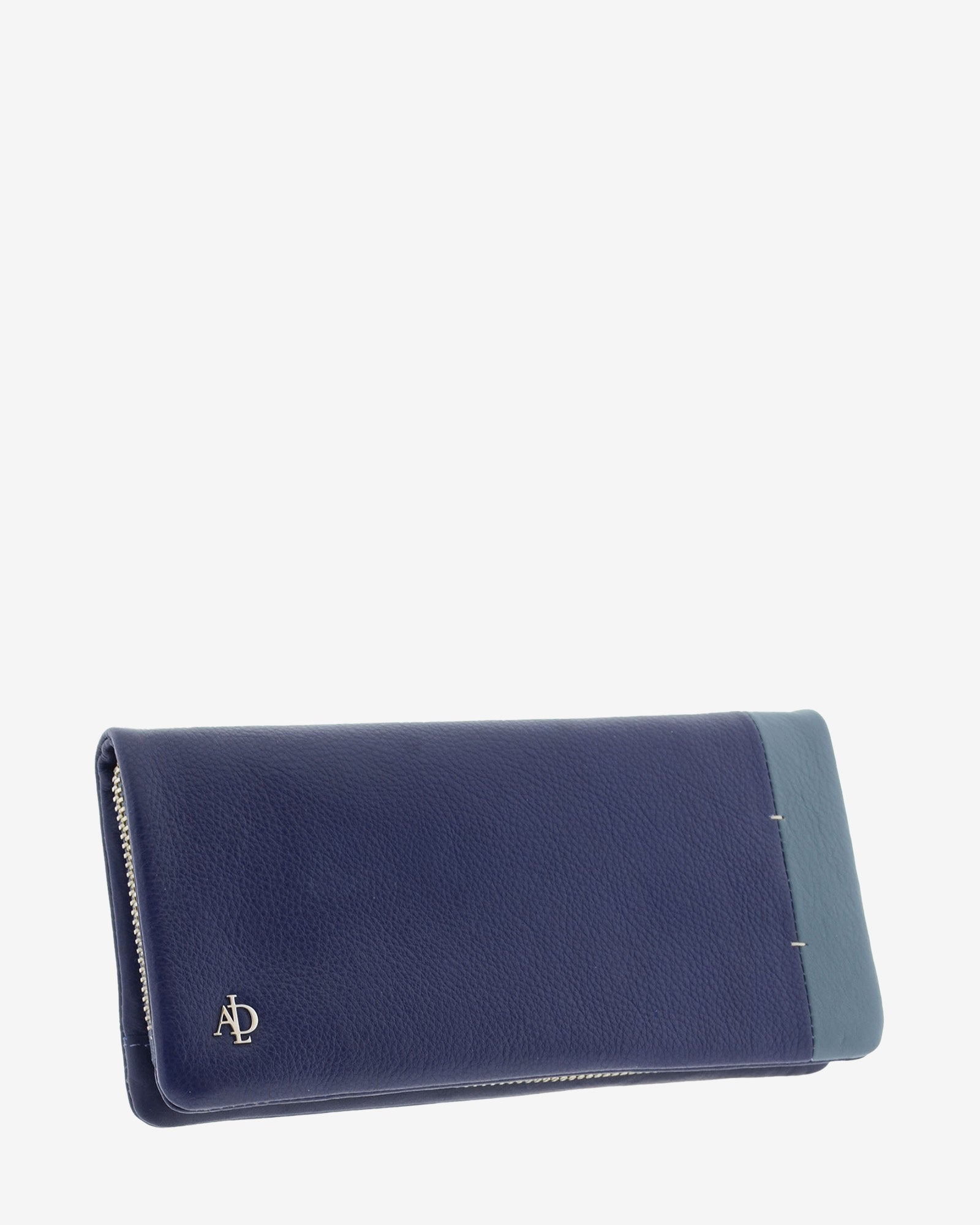 Cartera de mujer Adapell de piel napa azul bicolor con cremallera, vista tres cuartos 4211