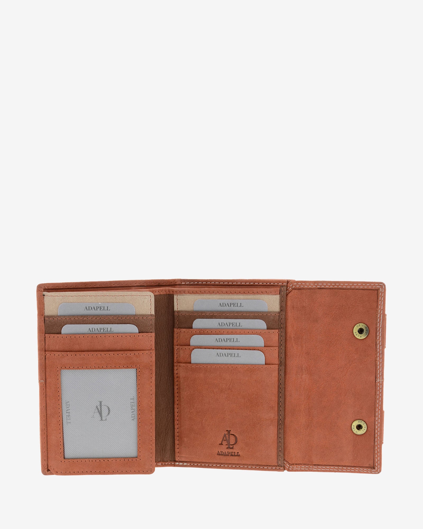 Interior abierto de cartera de piel de vacuno color teja con ventana para documento, ranuras para tarjetas, compartimentos organizados y logo Adapell, 4218-9.