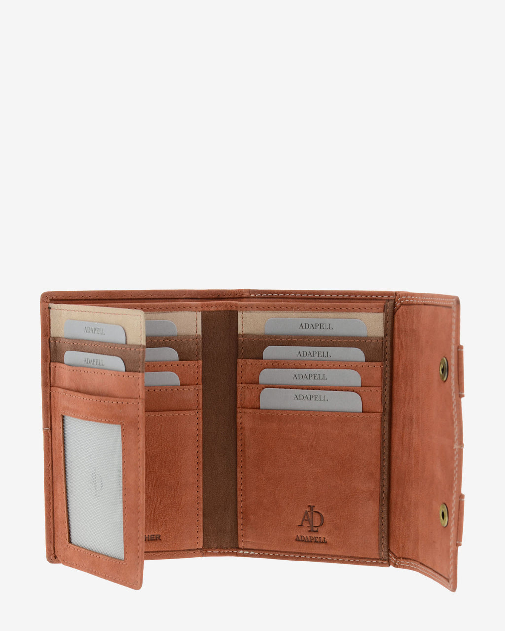 Interior desplegado de cartera de piel de vacuno color teja con ventana para documento a la izquierda, ranuras para tarjetas en ambos lados, compartimentos para billetes y documentos y solapa interior con cierre a presión, 4218-9.