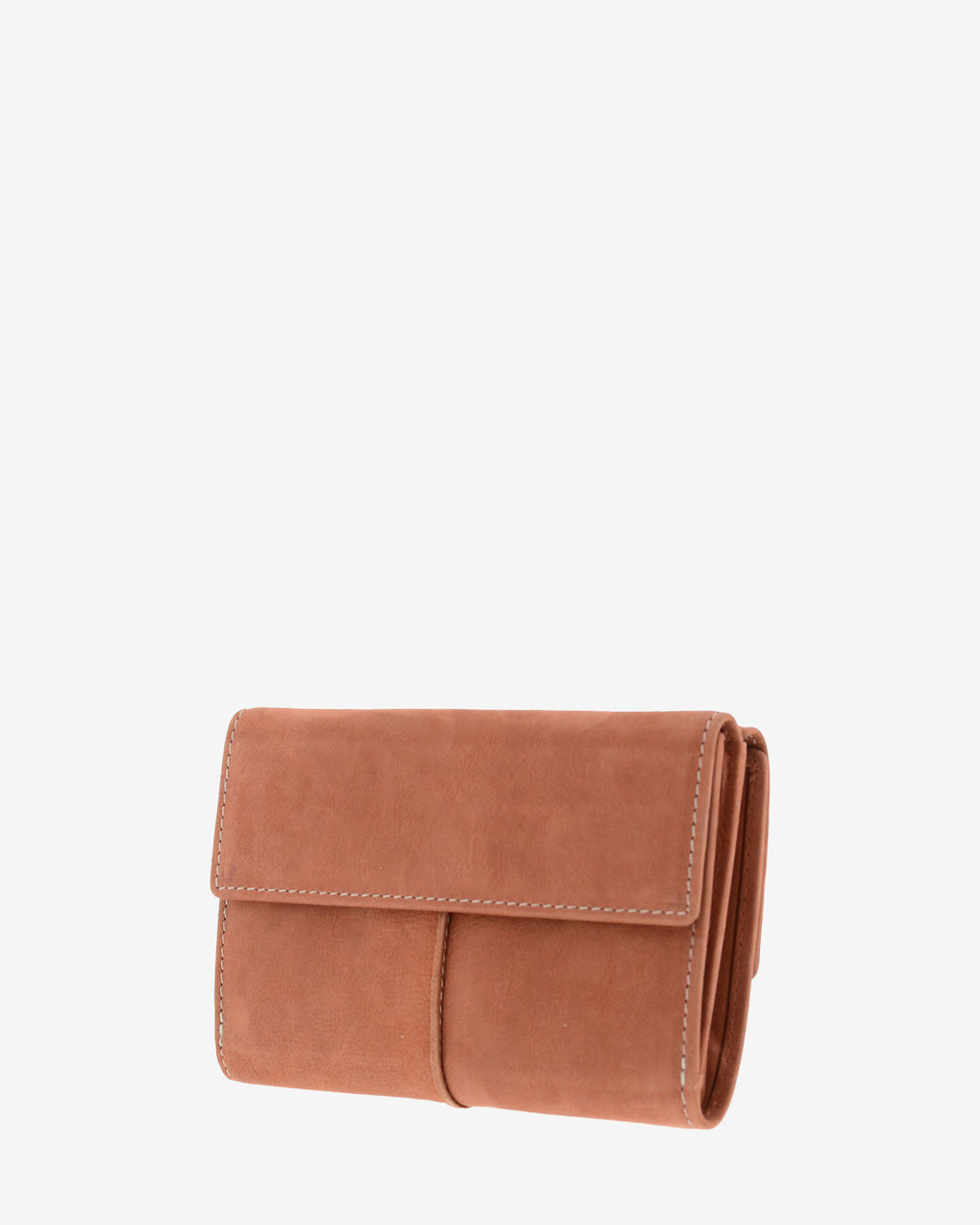 Parte trasera de cartera de piel de vacuno color teja con solapa lisa, costuras visibles y laterales plegados, 4218-9.