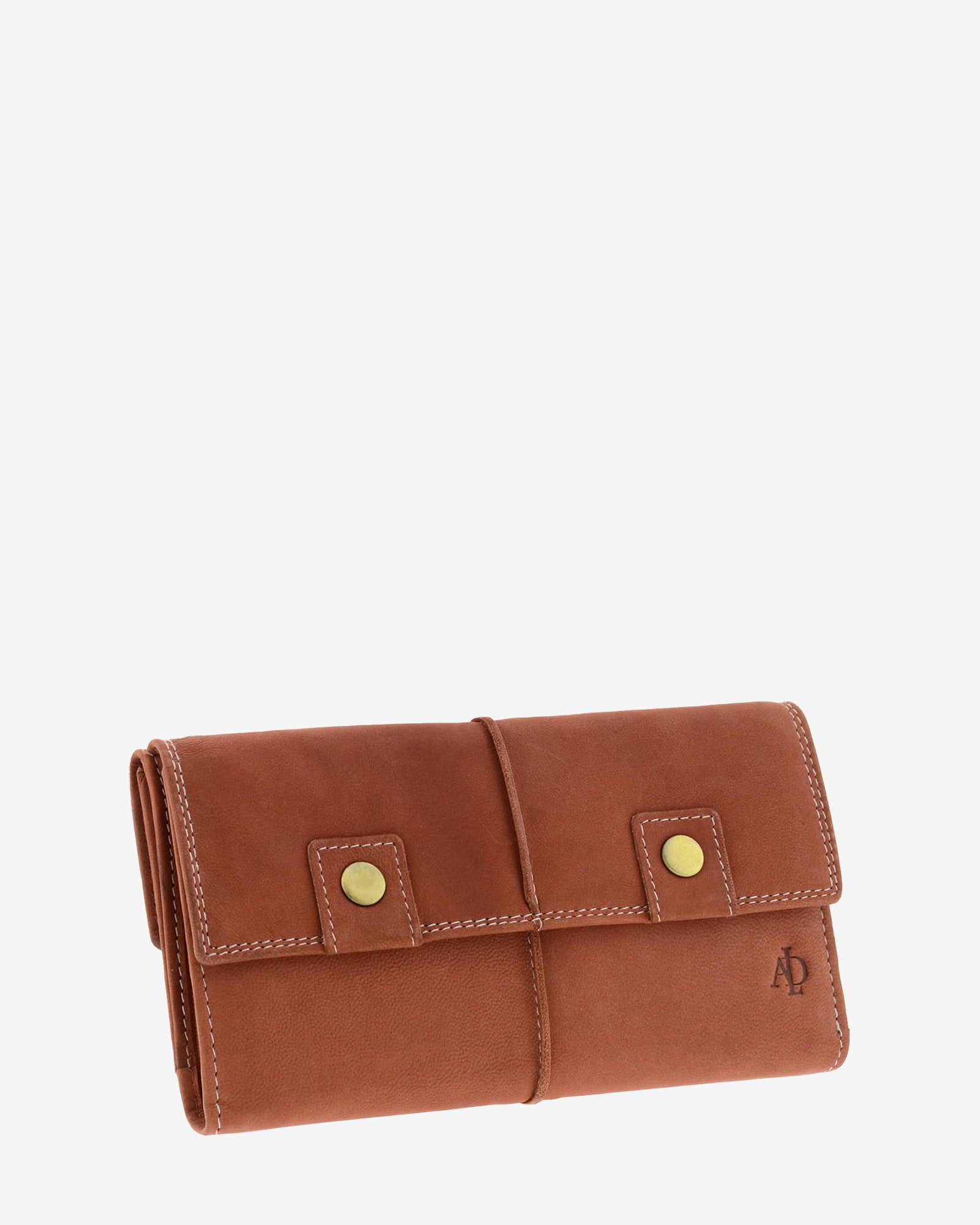 Cartera de piel de vacuno color teja con RFID, doble cierre frontal, pliegues laterales y logo Adapell, 4217-9.
