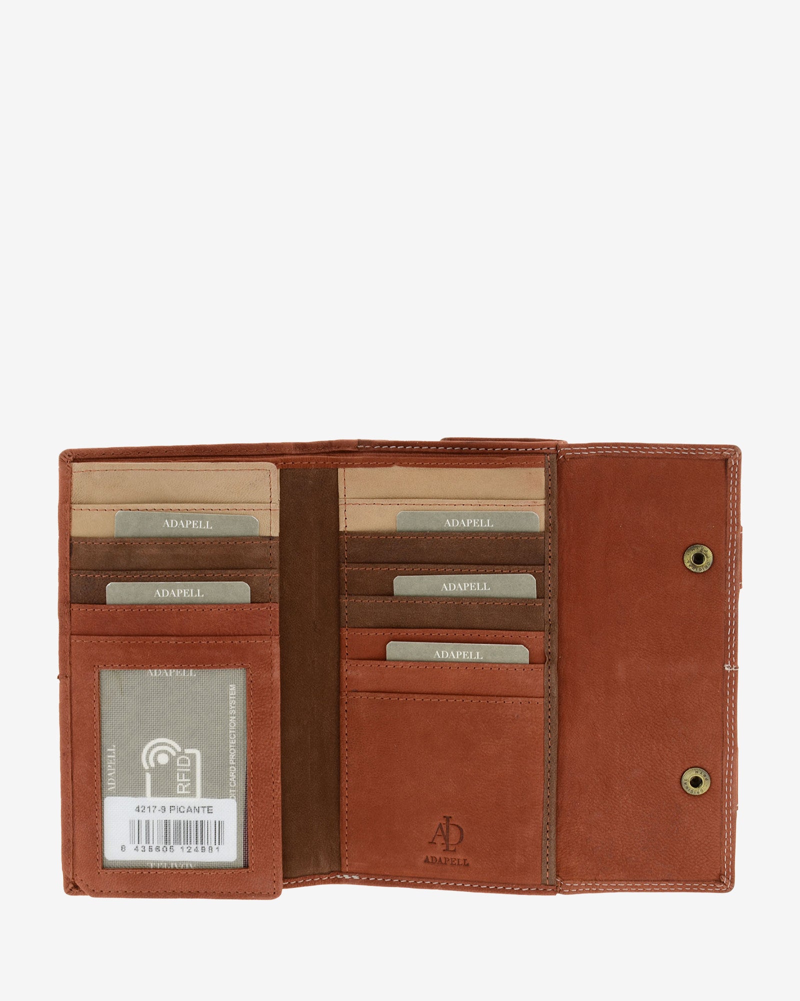 Interior de cartera de piel de vacuno color teja con 19 ranuras para tarjetas, ventana para documento y solapa con botones, 4217-9.