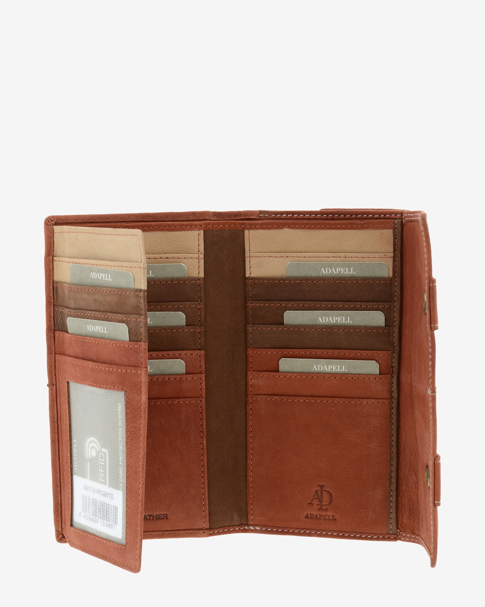 : Interior de cartera de piel de vacuno color teja con ranuras para tarjetas, ventana para documento y compartimentos organizados, 4217-9.