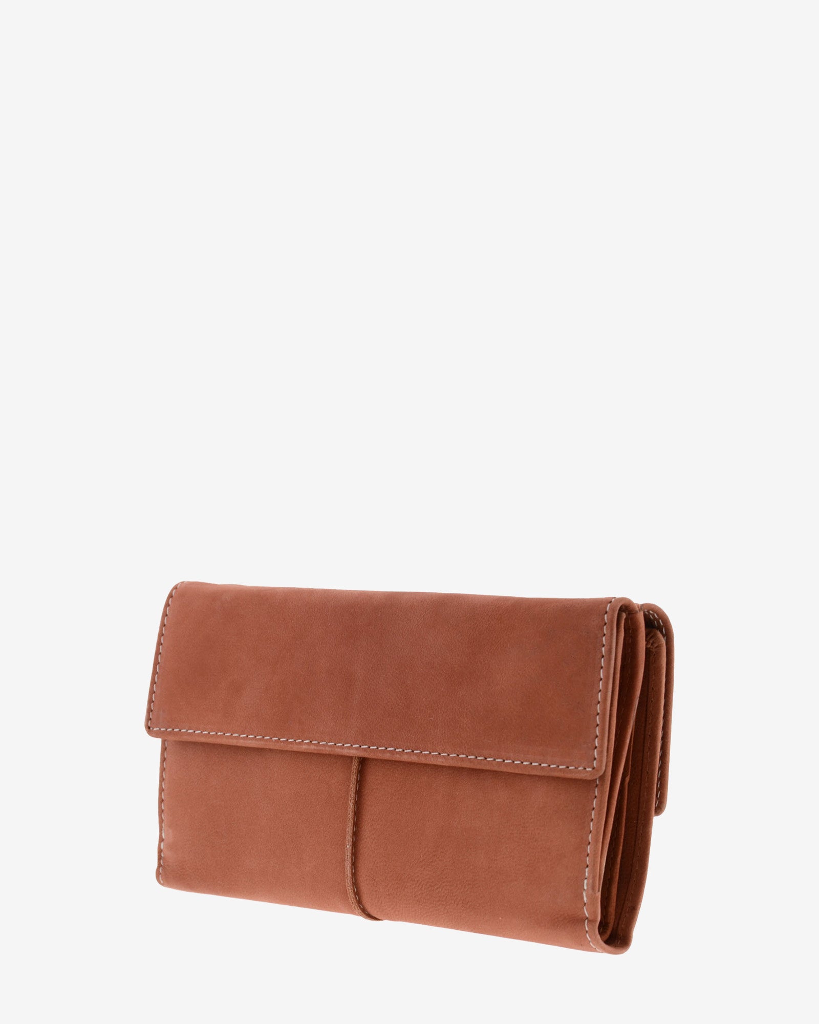 Parte trasera de cartera de piel de vacuno color teja con solapa, costuras visibles y laterales plegados, 4217-9.
