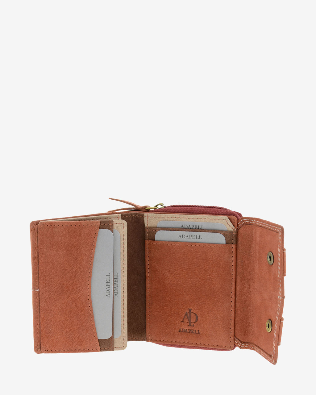 Interior abierto de cartera de piel de vacuno color teja con ranuras para tarjetas, ventana para documento, compartimentos organizados y solapa lateral con botones, 4220-9.