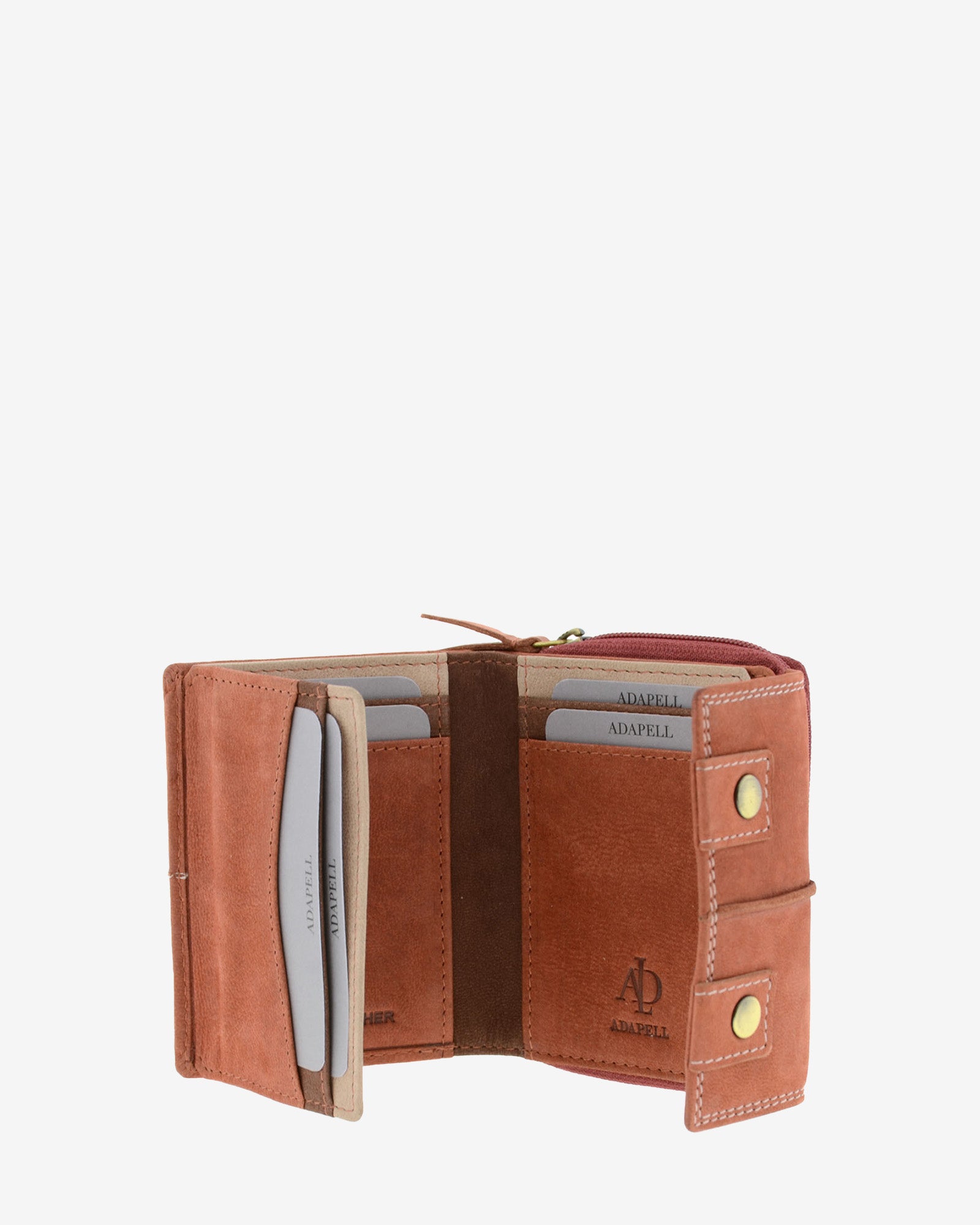 Interior desplegado de cartera de piel de vacuno color teja con ventana para documento a la izquierda, ranuras para tarjetas en ambos lados, compartimentos para billetes y documentos y solapa interior con cierre a presión, 4220-9.