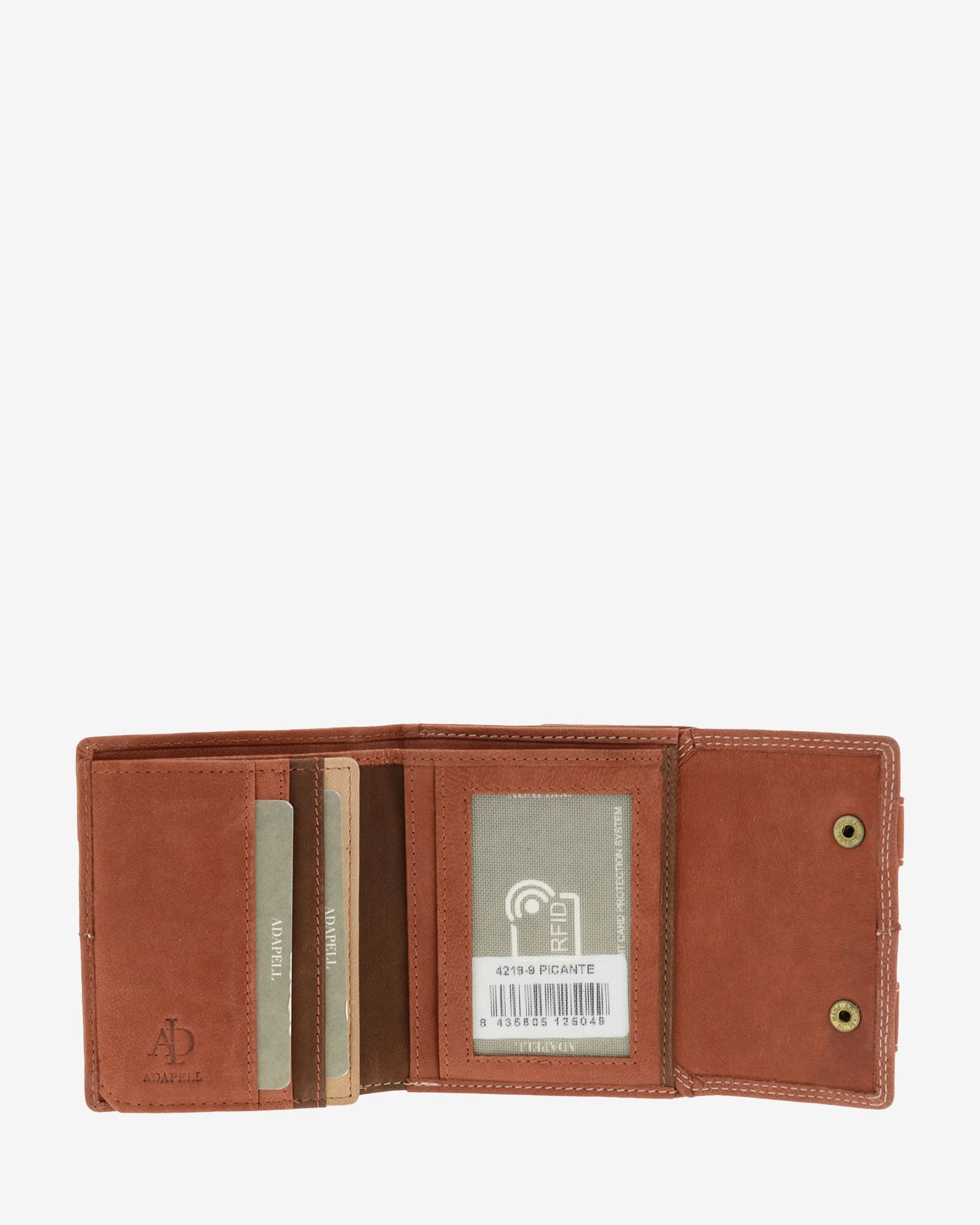 Interior abierto de cartera de piel de vacuno color teja con ranuras para tarjetas, ventana para documento, compartimentos organizados y solapa lateral con botones, 4219-9.
