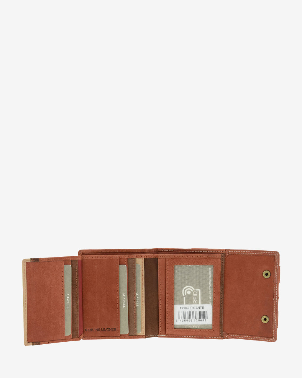 Interior desplegado de cartera de piel de vacuno color teja con ranuras para tarjetas en el lado izquierdo, ventana para documento en el centro, compartimentos para billetes y documentos y solapa interior con cierre a presión, 4219-9.