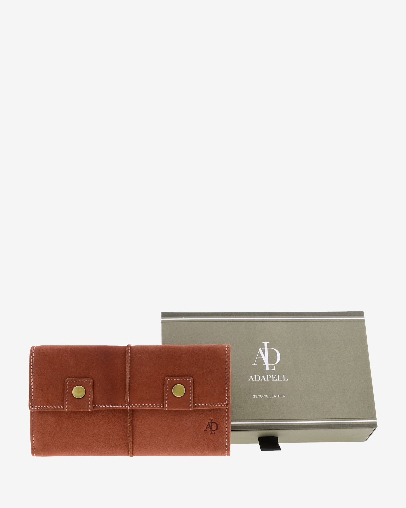 Cartera de piel de vacuno color teja con RFID junto a caja de regalo Adapell, 4217-9.