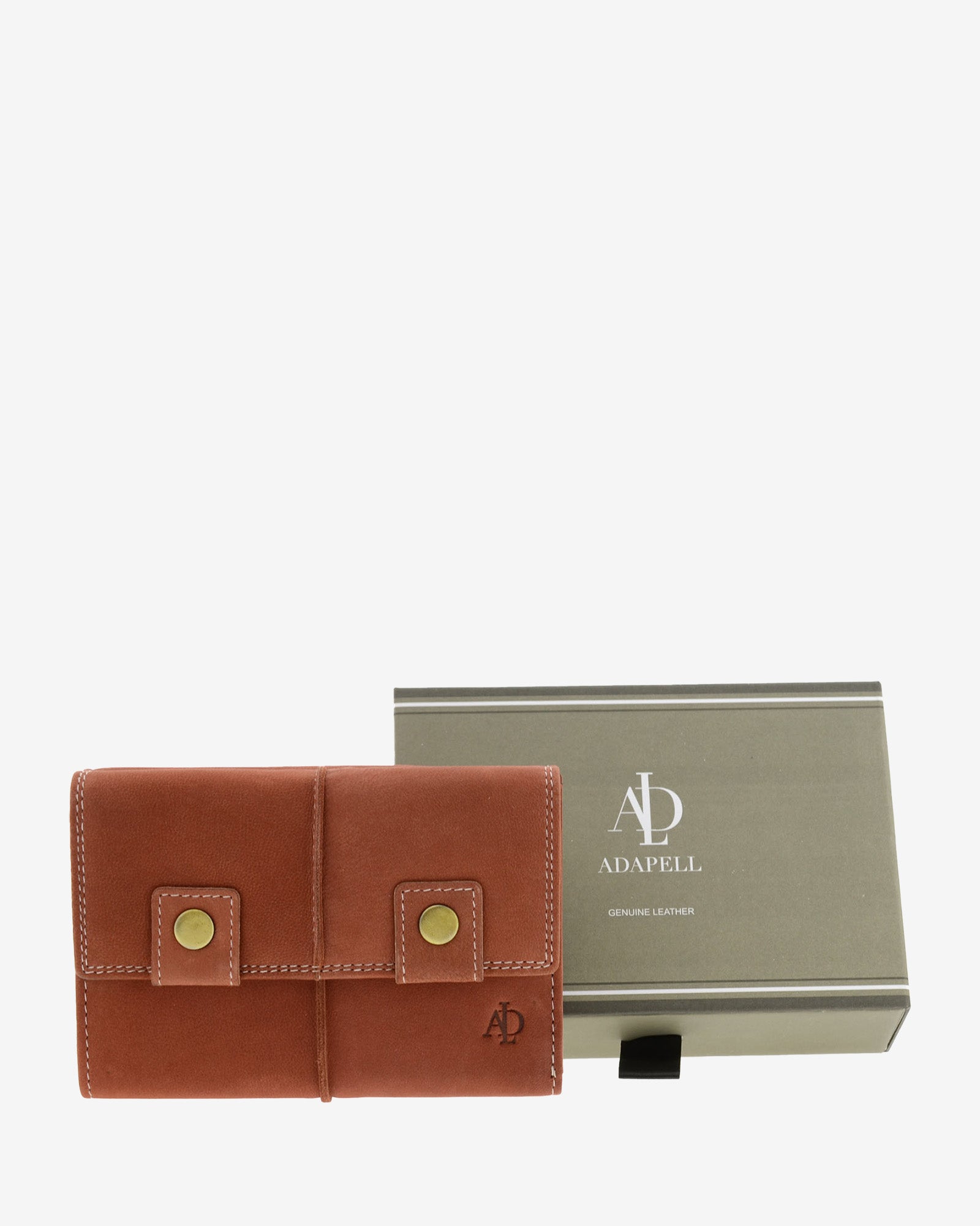 Cartera de piel de vacuno color teja con RFID junto a caja de regalo Adapell, 4218-9