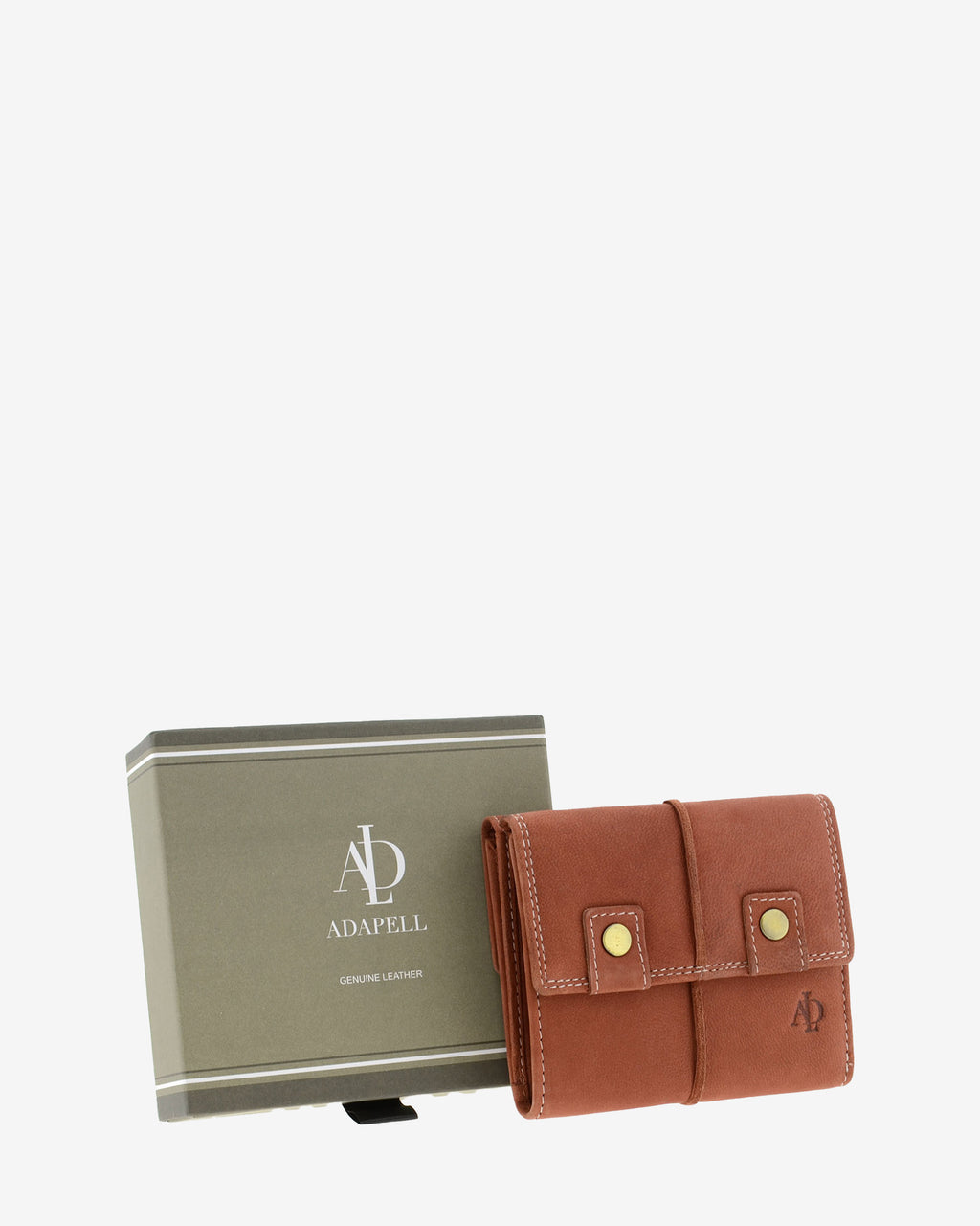 Cartera de piel de vacuno color teja con RFID junto a caja de regalo Adapell, 4219-9.