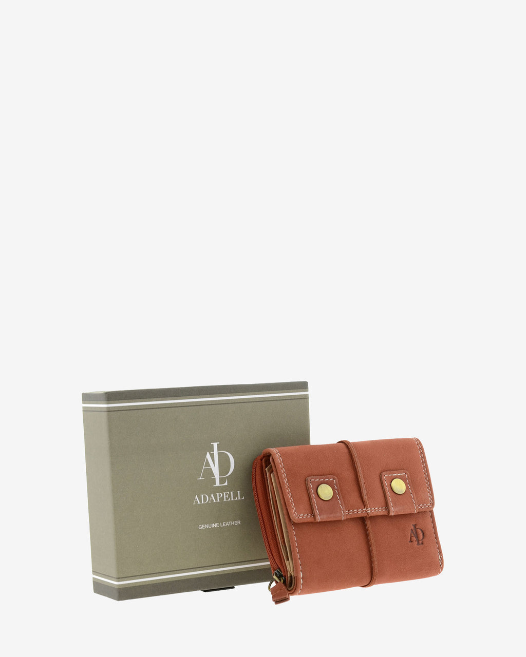 Cartera de piel de vacuno color teja con RFID junto a caja Adapell, con doble botón frontal, cremallera lateral y laterales plegados, 4220-9.