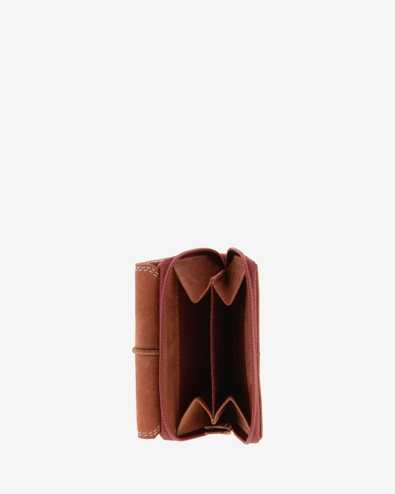 Monedero exterior abierto de cartera de piel de vacuno color teja con cremallera, fuelle interior y espacio para monedas, 4220-9.