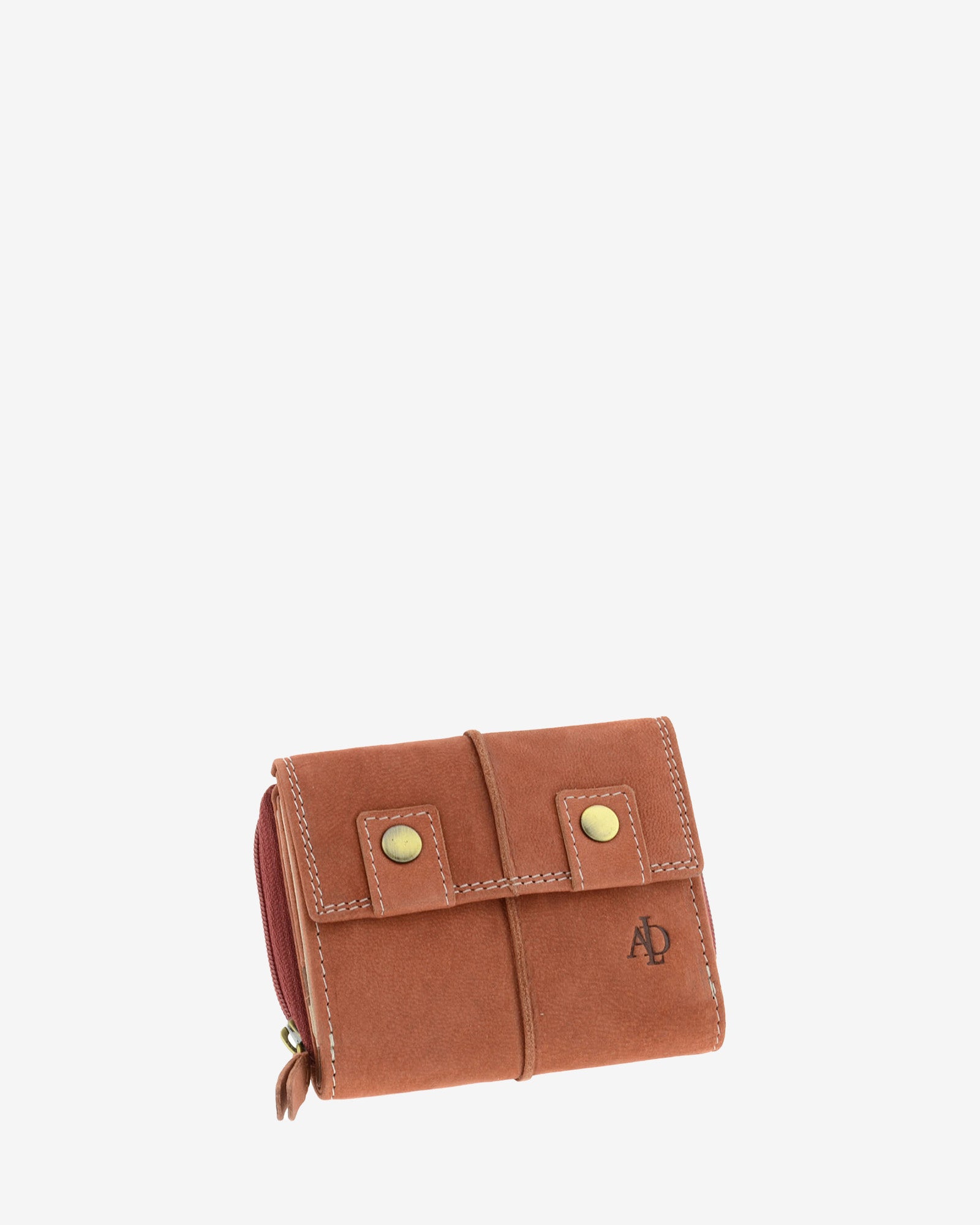 : Cartera de piel de vacuno color teja con RFID, doble cierre frontal, cremallera exterior visible y logo Adapell, 4220-9.