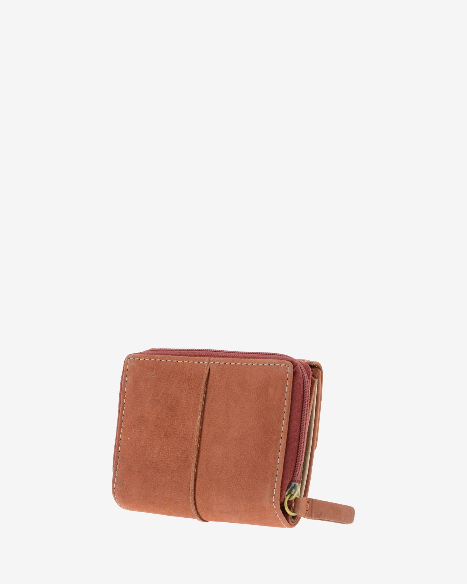 Parte trasera de cartera de piel de vacuno color teja con cremallera exterior, costuras visibles y tirador de piel, 4220-9.