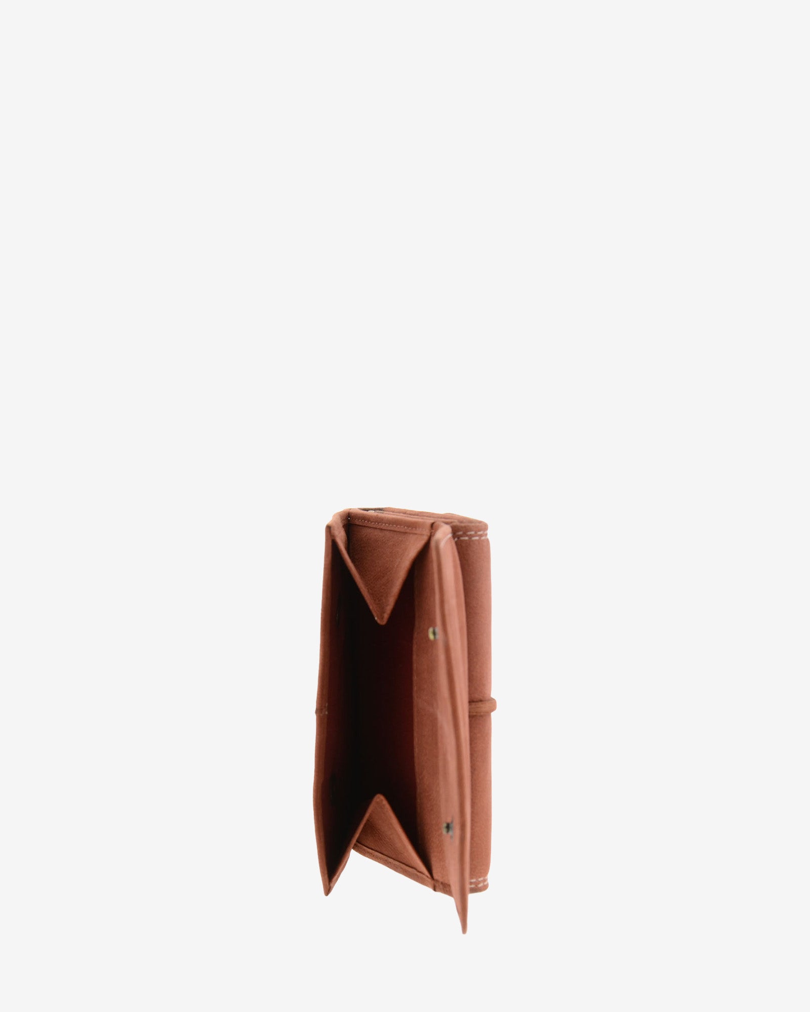 Monedero exterior abierto de cartera de piel de vacuno color teja con fuelle lateral, solapa con botones y espacio para monedas, 4219-9.
