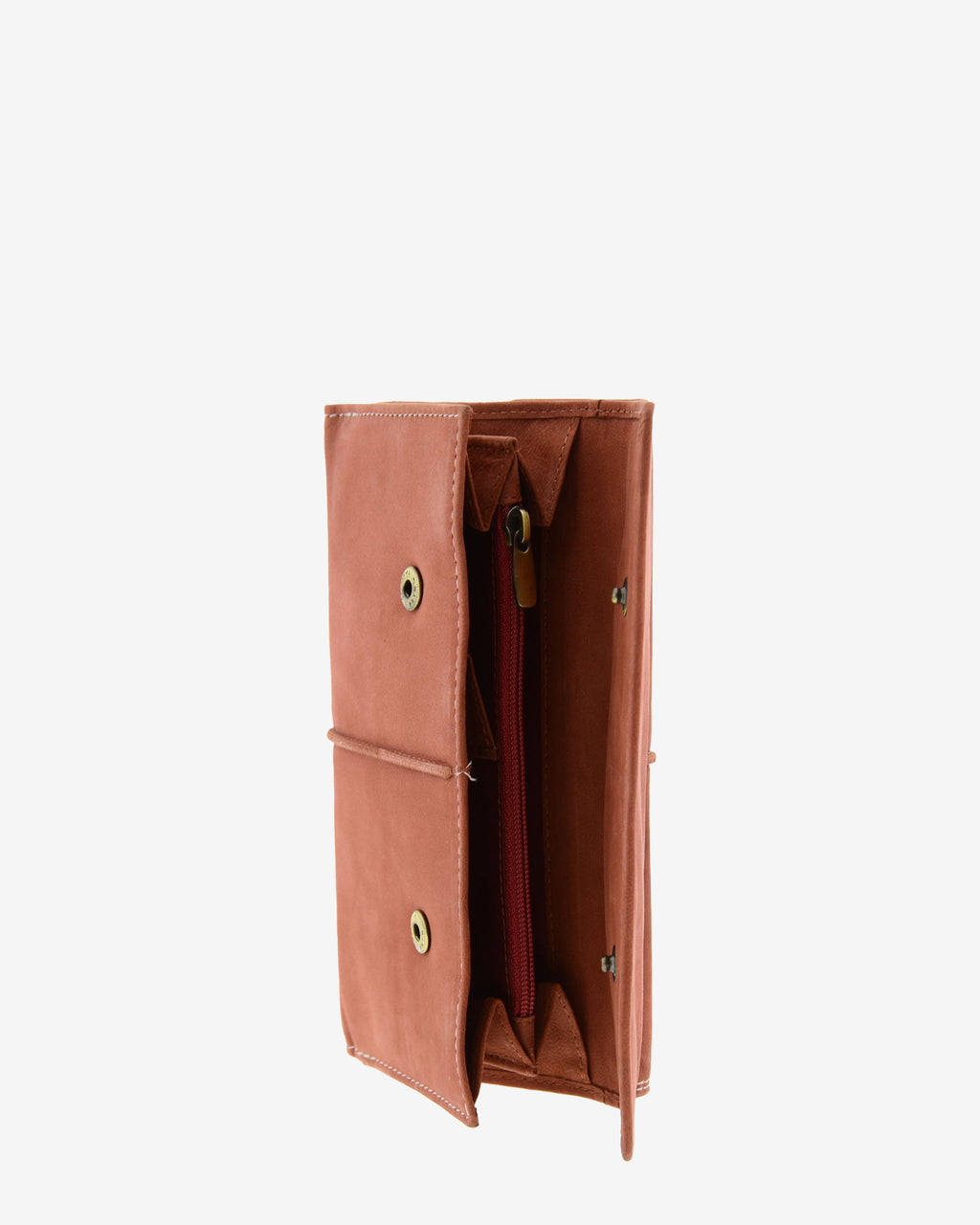 : Interior de cartera de piel de vacuno color teja con compartimento central con cremallera y cierre de botones, 4217-9.