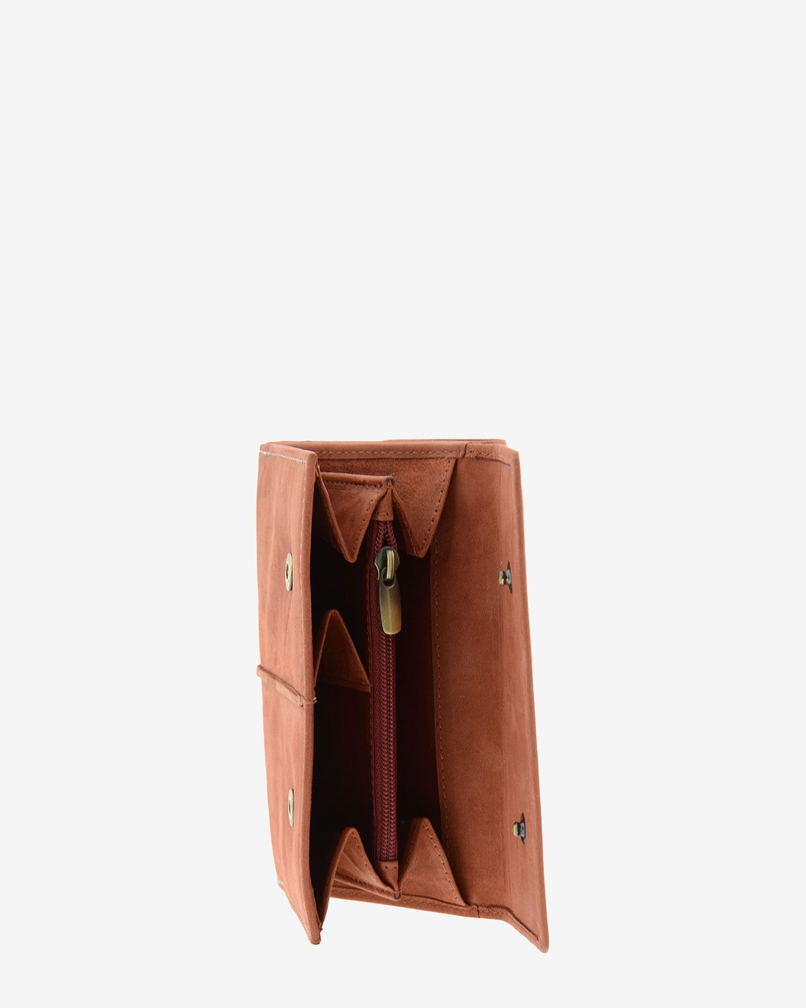 Compartimento interior de cartera de piel de vacuno color teja con fuelle lateral, bolsillo central con cremallera y espacio para monedas, 4218-9.