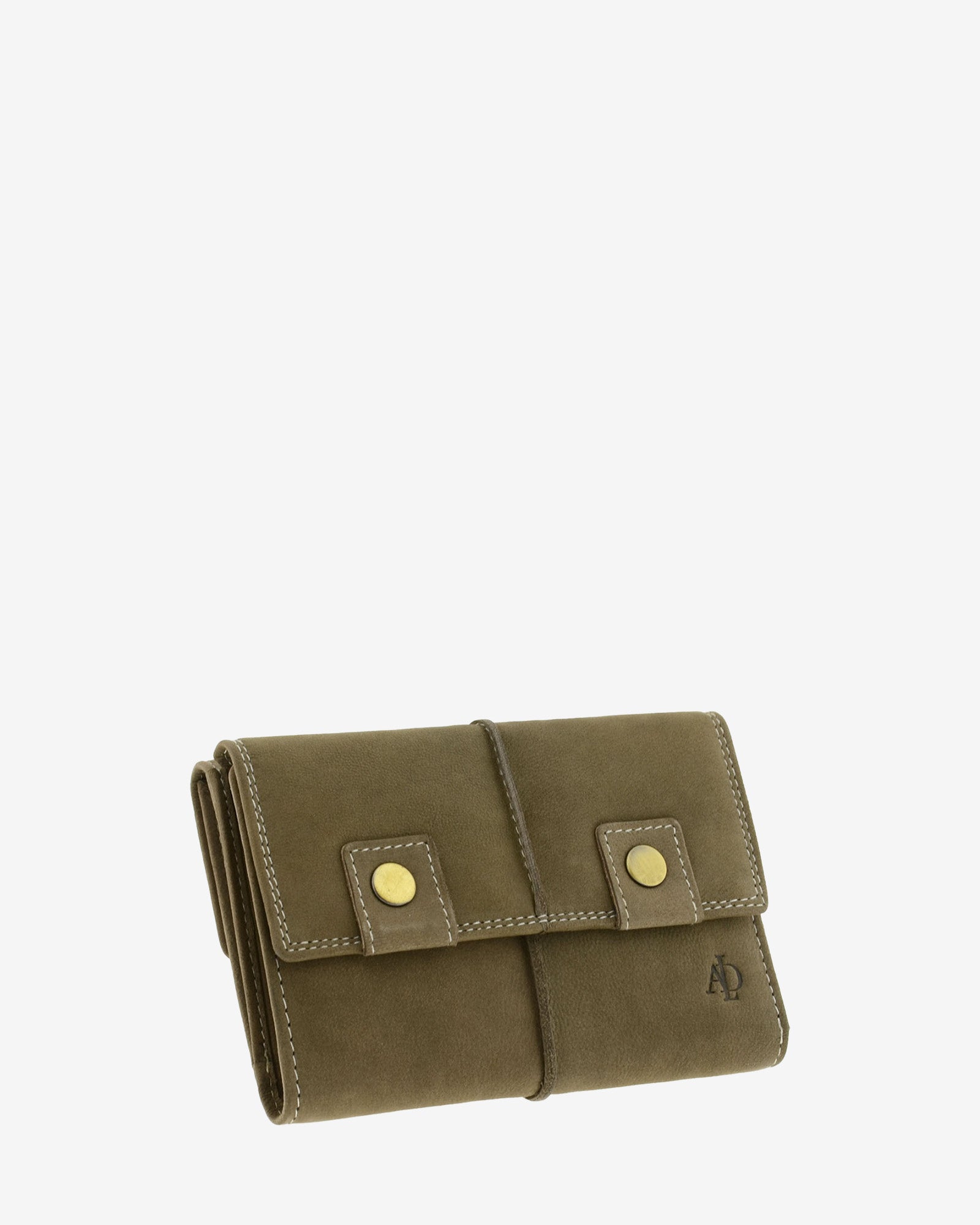 Cartera de piel de vacuno color topo con RFID, doble cierre frontal, pliegues laterales y logo Adapell, 4218-11.