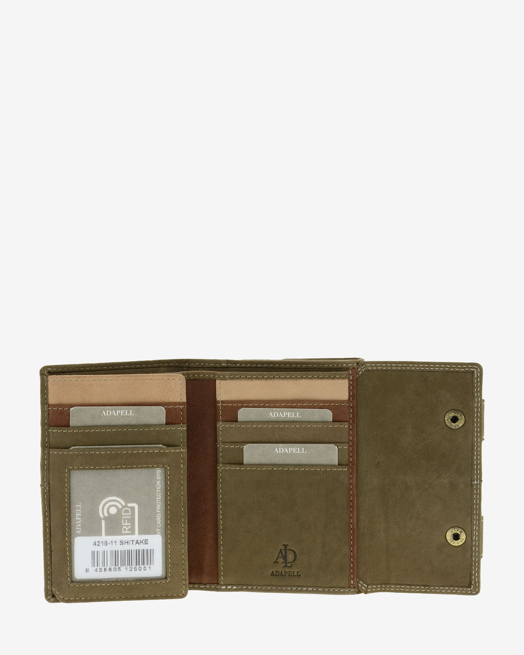 Interior abierto de cartera de piel de vacuno color topo con ventana para documento, ranuras para tarjetas, compartimentos organizados y logo Adapell, 4218-11.