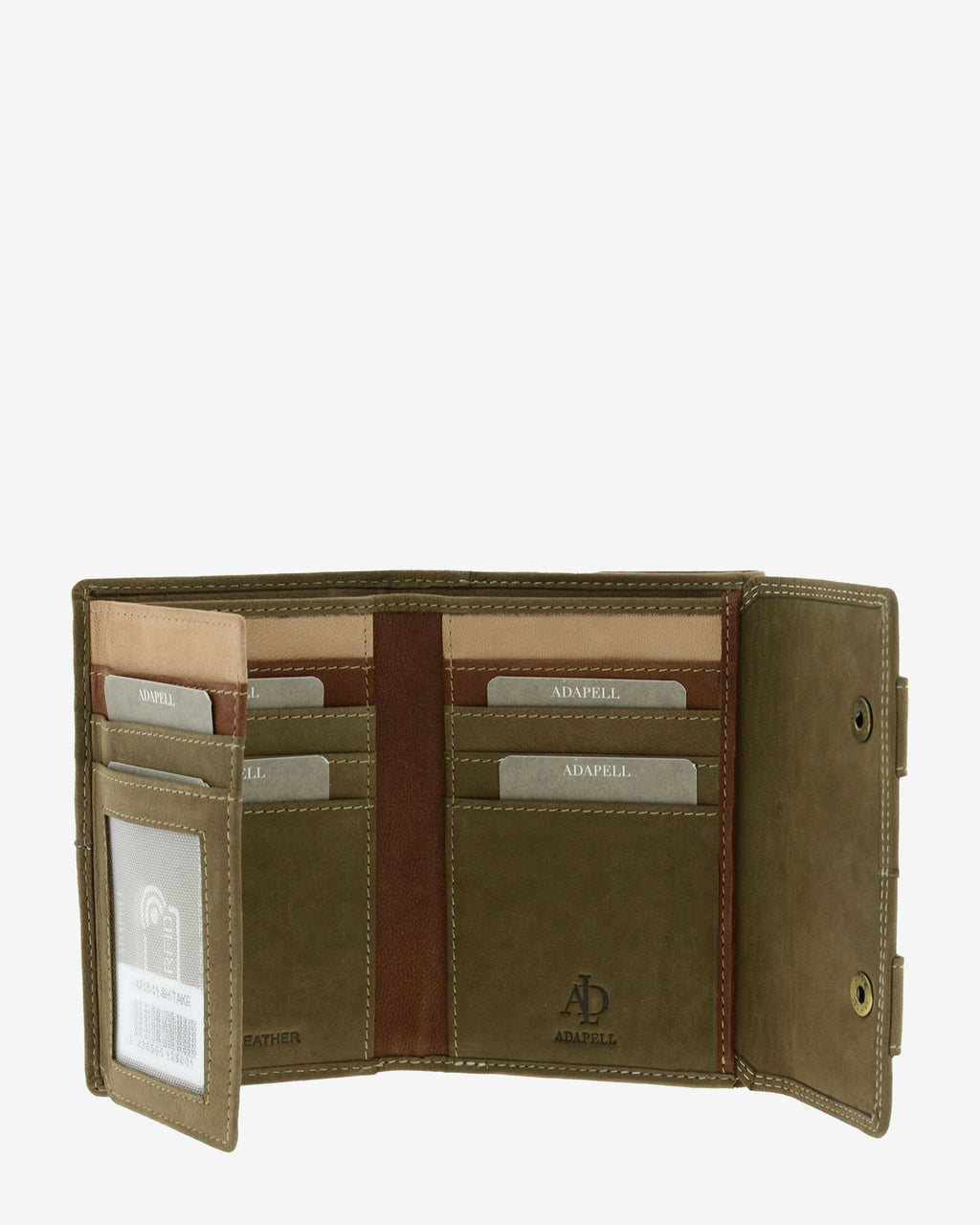 : Interior desplegado de cartera de piel de vacuno color topo con ventana para documento a la izquierda, ranuras para tarjetas en ambos lados, compartimentos para billetes y documentos y solapa interior con cierre a presión, 4218-11.