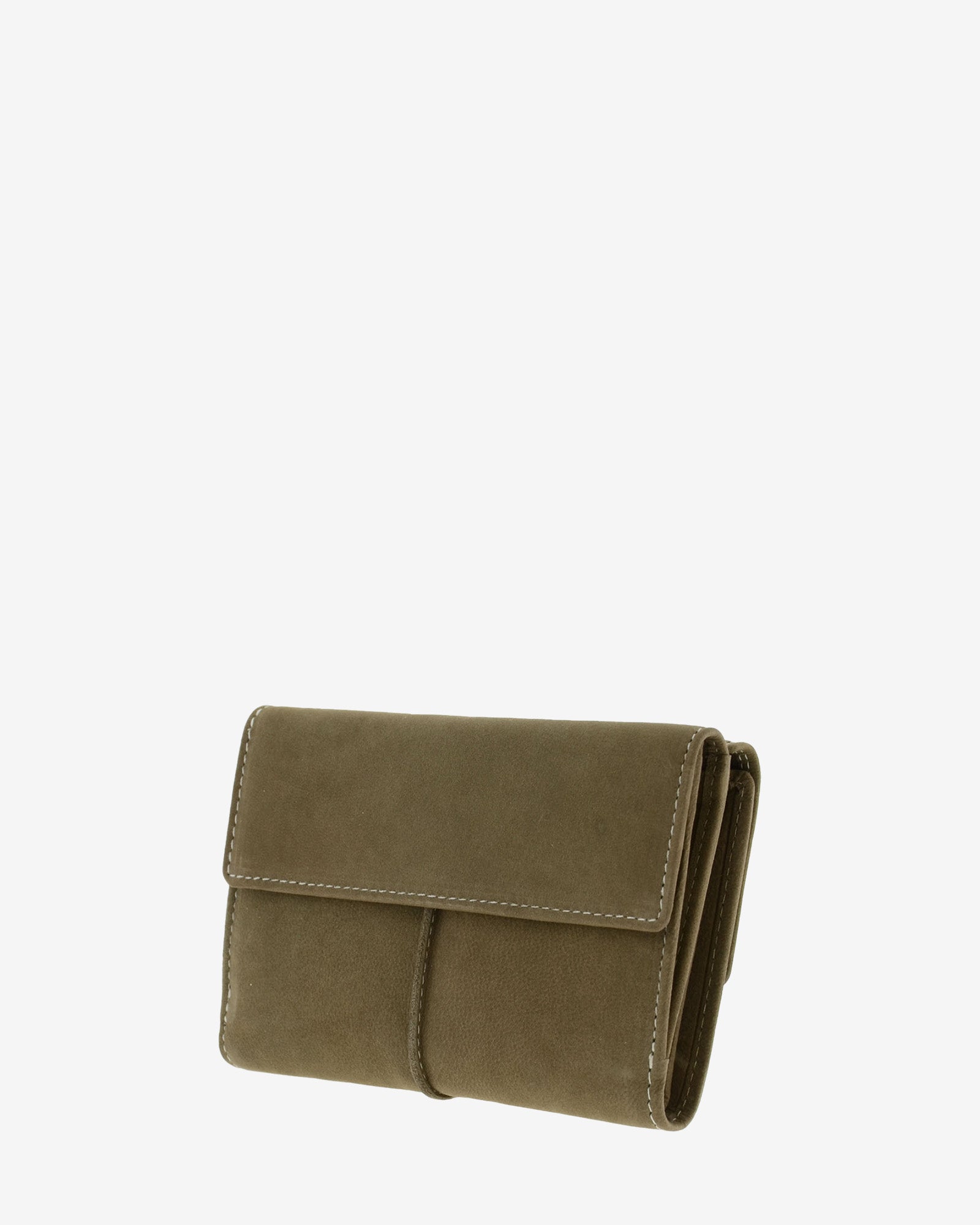 Parte trasera de cartera de piel de vacuno color topo con solapa lisa, costuras visibles y laterales plegados, 4218-11.