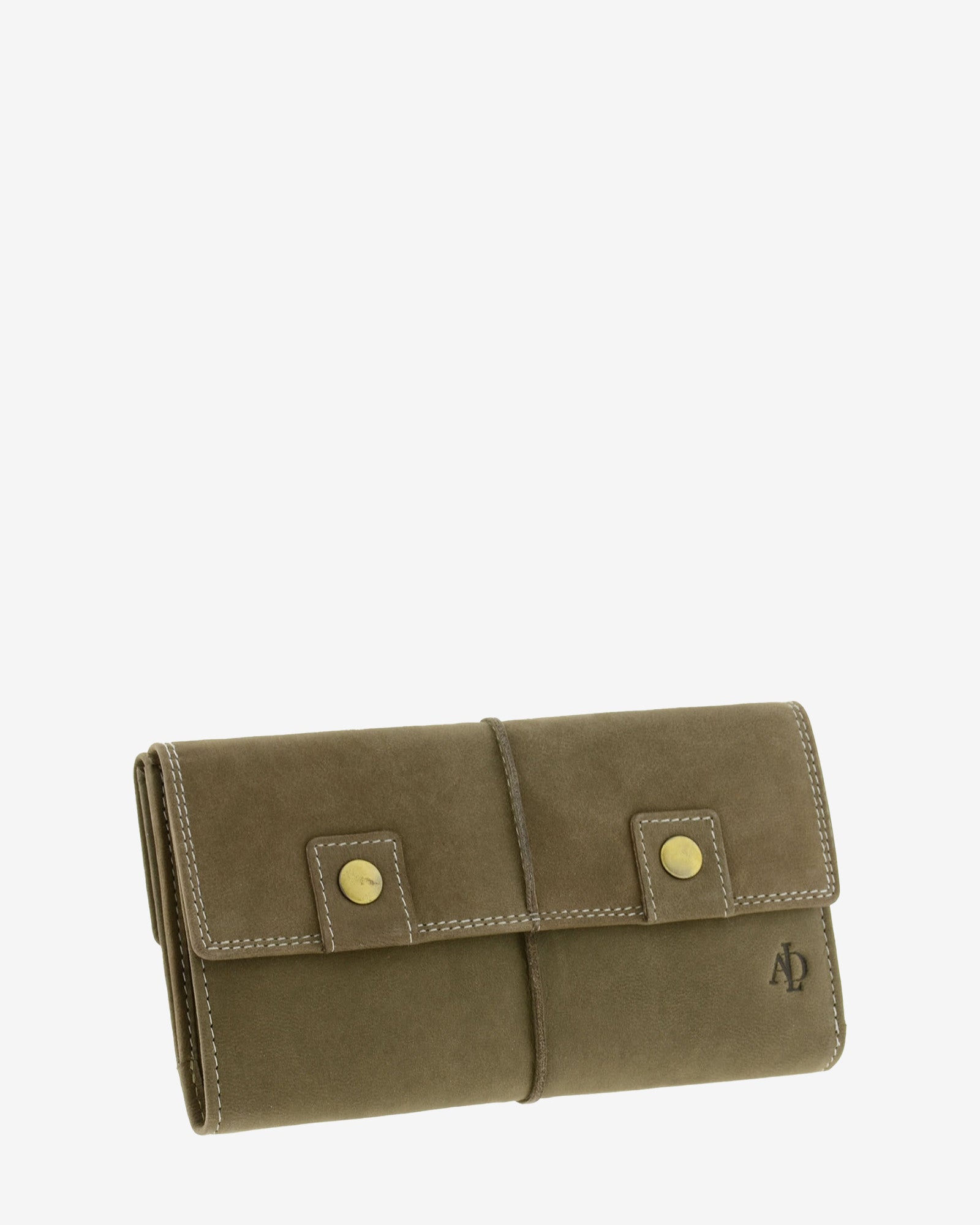 Cartera de piel de vacuno color topo con RFID, doble cierre frontal, pliegues laterales y logo Adapell, 4217-11.