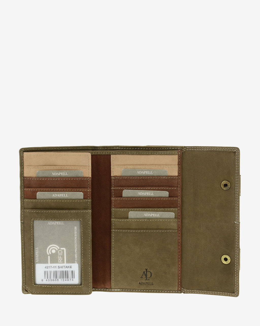 Interior de cartera de piel de vacuno color topo con 19 ranuras para tarjetas, ventana para documento y solapa con botones, 4217-11.