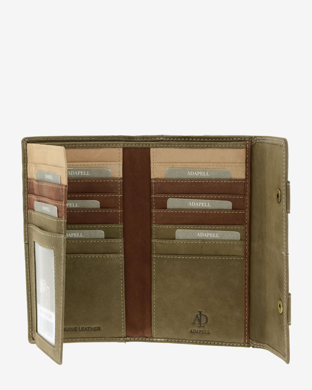 : Interior de cartera de piel de vacuno color topo con ranuras para tarjetas, ventana para documento y compartimentos organizados, 4217-11.