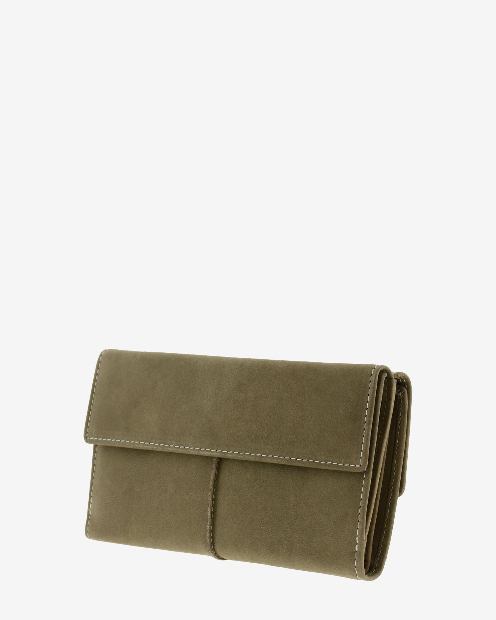 Parte trasera de cartera de piel de vacuno color topo con solapa, costuras visibles y laterales plegados, 4217-11.